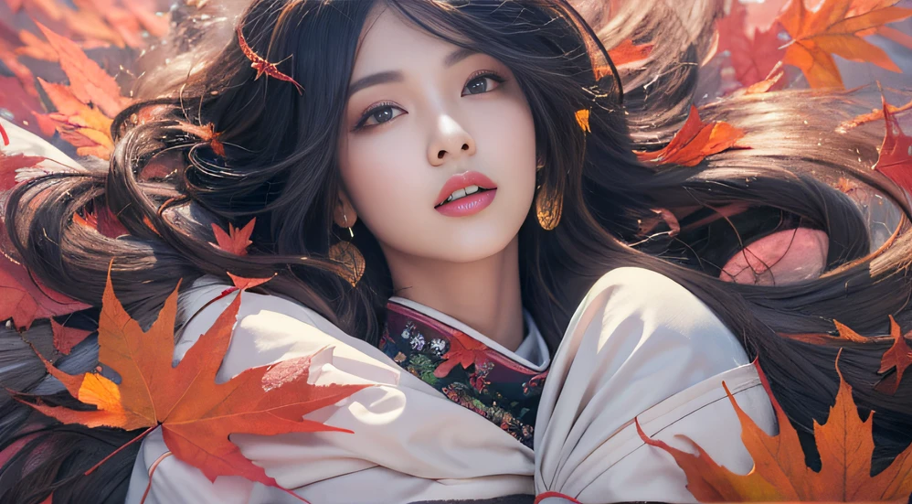 32K autumn view（tmasterpiece，k hd，hyper HD，32K）Long flowing black hair，ponds，zydink， a color， Autumn （Sensual girl）， （Blue and white silk scarf）， Combat posture， looking at the ground， long whitr hair， Floating hair， Carp pattern headdress， Chinese long-sleeved cheongsam， （Abstract gouache splash：1.2）， Pink petal background，Pink and white autumn sunset leaves fly（realisticlying：1.4），Black color hair，Fallen leaves flutter，The background is pure， A high resolution， the detail， RAW photogr， Sharp Re， Nikon D850 Film Stock Photo by Jefferies Lee 4 Kodak Portra 400 Camera F1.6 shots, Rich colors, ultra-realistic vivid textures, Dramatic lighting, Unreal Engine Art Station Trend, cinestir 800，Long flowing black hair，Bright clothes