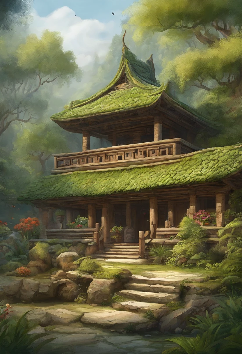 (isometric 3D),(masterpiece), (extremely detailed CG unity 8k wallpaper), (best quality), (best illustration), (best shadow), a peaceful, Balinese Temple, A round turnip hut covered with moss, ,octane render,ray tracing,ultra detailed