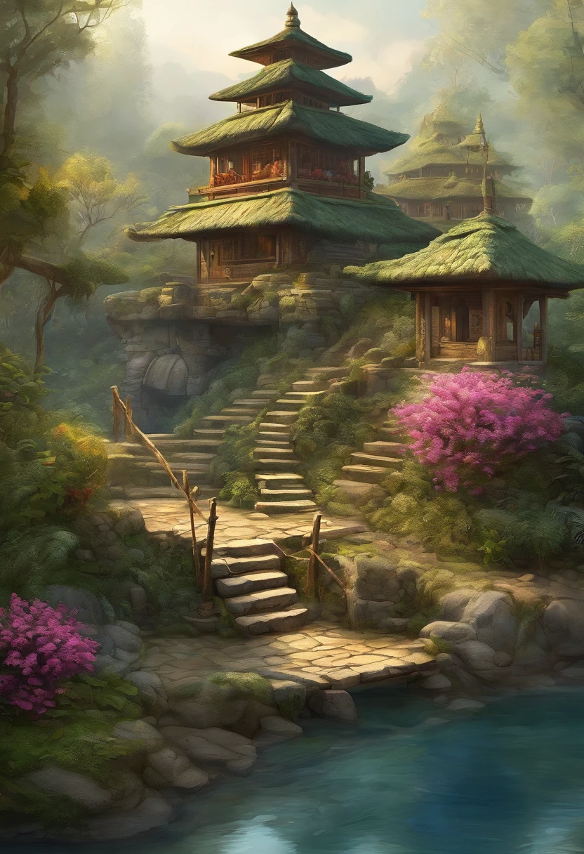 (isometric 3D),(masterpiece), (extremely detailed CG unity 8k wallpaper), (best quality), (best illustration), (best shadow), a peaceful, Balinese Temple, A round turnip hut covered with moss, ,octane render,ray tracing,ultra detailed