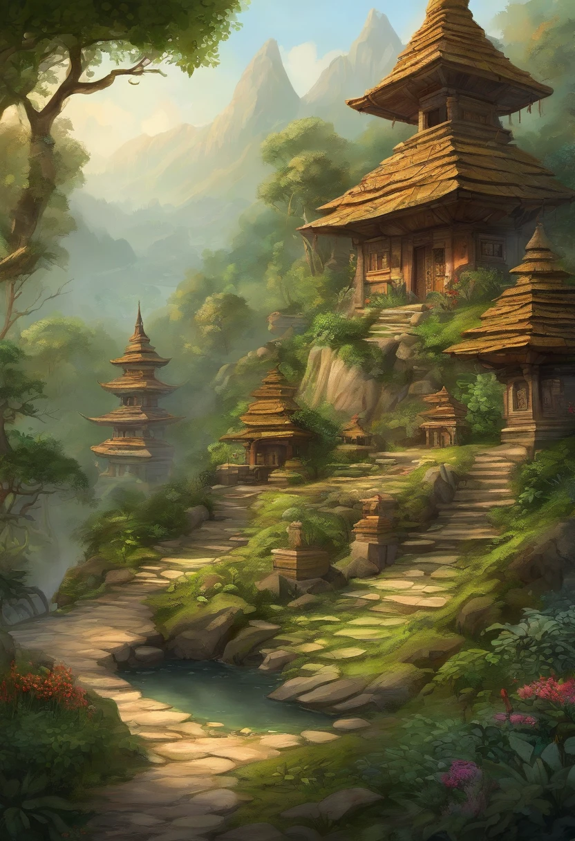 (isometric 3D),(masterpiece), (extremely detailed CG unity 8k wallpaper), (best quality), (best illustration), (best shadow), a peaceful, Balinese Temple, A round turnip hut covered with moss, ,octane render,ray tracing,ultra detailed