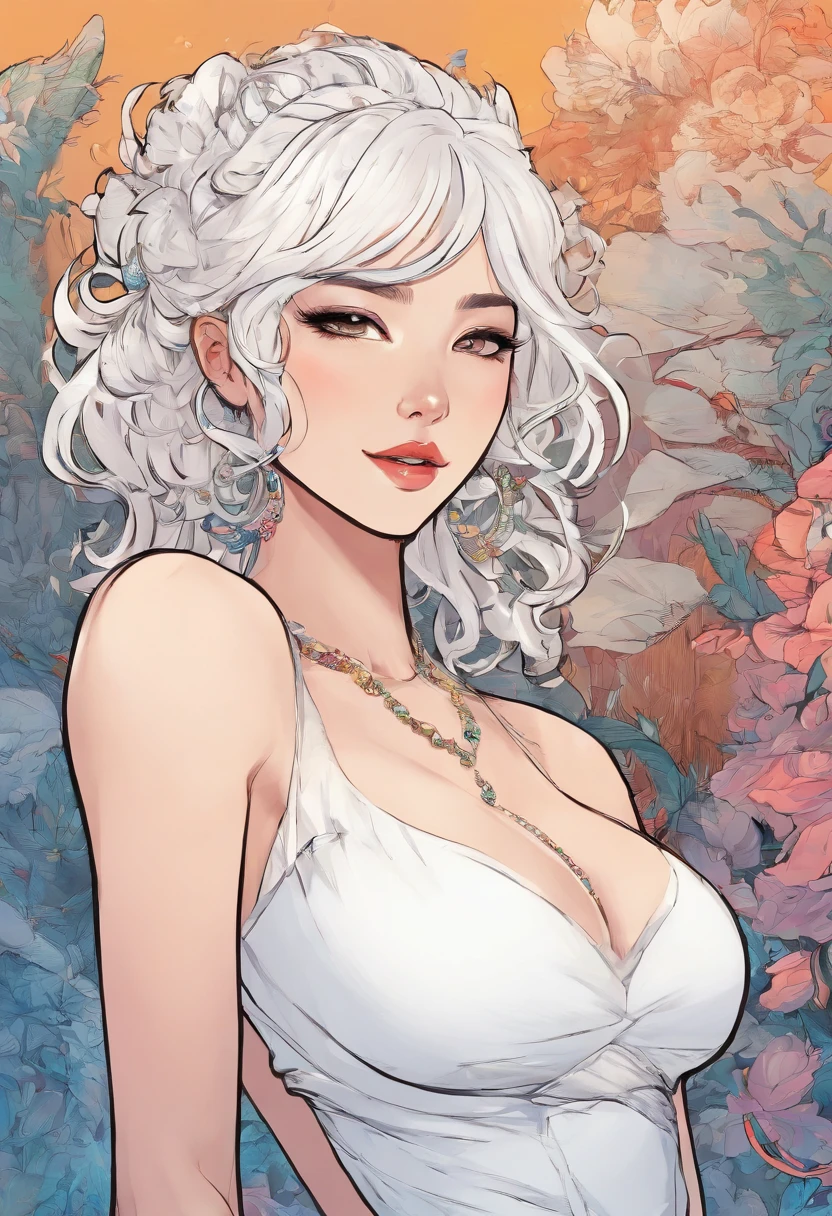Realistic medium, grade high resolution, 1 girl, white wavy hair, Asian female, small mole under eyes, long white dress, large breasts,