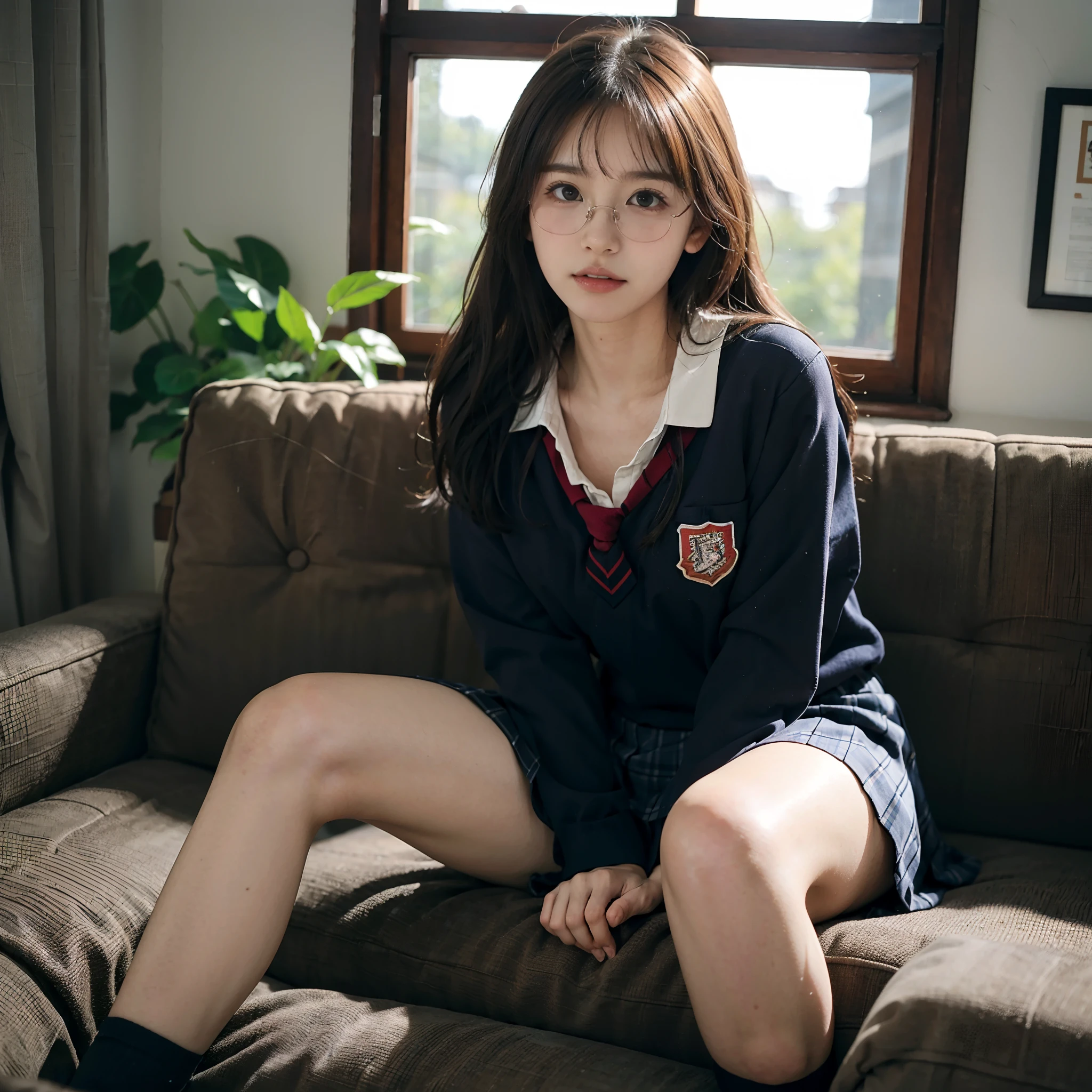 masutepiece, Best quality, japanaese girl, 8K picture quality, Very realistic picture,RAW photo, top notch quality, masutepiece, NFFSW:1.2, Particularly detailed RAW color photos, Professional-grade photos, (Realistic, Photorealistic:1.37), (highly detailedskin:1.2), Ultra-high resolution, (Lenze 50 mm), (masutepiece, top-quality:1.3), (Ultra-detailed 8k CG:1.2), (hyper realisitc:1.35), (Photorealistic:1.45), (Realistic:1.4), Cowboy shot,
((In a dimly lit and warm home bedroom)),(1 beautiful Japanese girl), age 22, ,super model, Japanese idol, __expression__, The girl looks stable, optimistic and cheerful(Very large round breasts), (Sit on the sofa or bed1:1), (school uniform:1.4), The girl looks shy and shy,(Only the knee-up screen is displayed),((Contour glasses))
Korean Idol、乃木坂アイドル、hposing Gravure Idol、Adults、女優()
