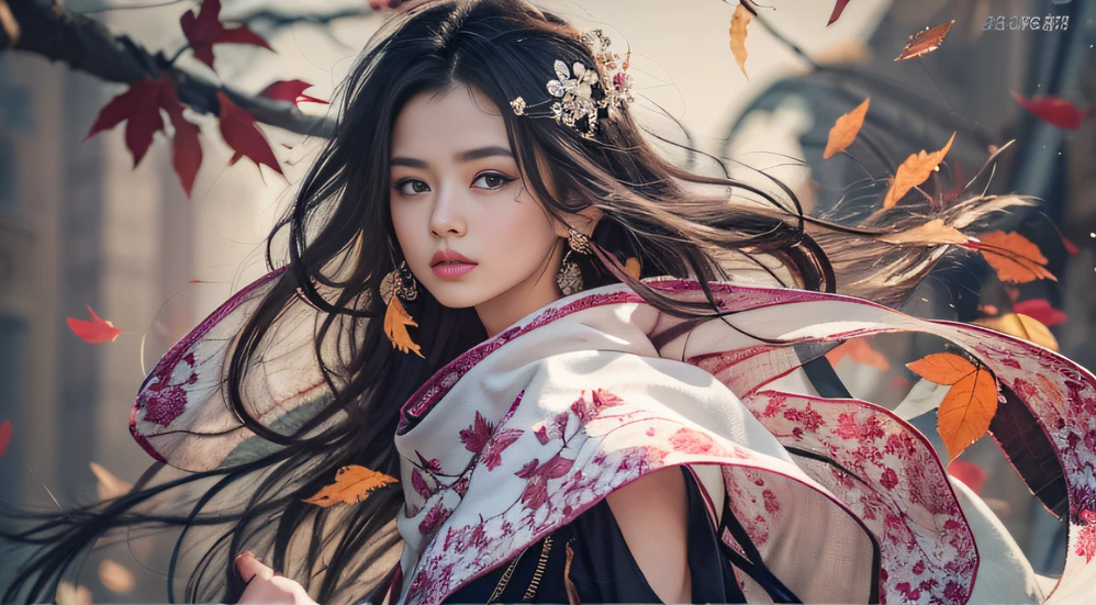 32K autumn view（tmasterpiece，k hd，hyper HD，32K）Long flowing black hair，ponds，zydink， a color， Autumn （Sensual girl）， （Blue and white silk scarf）， Combat posture， looking at the ground， long whitr hair， Floating hair， Carp pattern headdress， Chinese long-sleeved cheongsam， （Abstract gouache splash：1.2）， Pink petal background，Pink and white autumn sunset leaves fly（realisticlying：1.4），Black color hair，Fallen leaves flutter，The background is pure， A high resolution， the detail， RAW photogr， Sharp Re， Nikon D850 Film Stock Photo by Jefferies Lee 4 Kodak Portra 400 Camera F1.6 shots, Rich colors, ultra-realistic vivid textures, Dramatic lighting, Unreal Engine Art Station Trend, cinestir 800，Long flowing black hair，Bright clothes