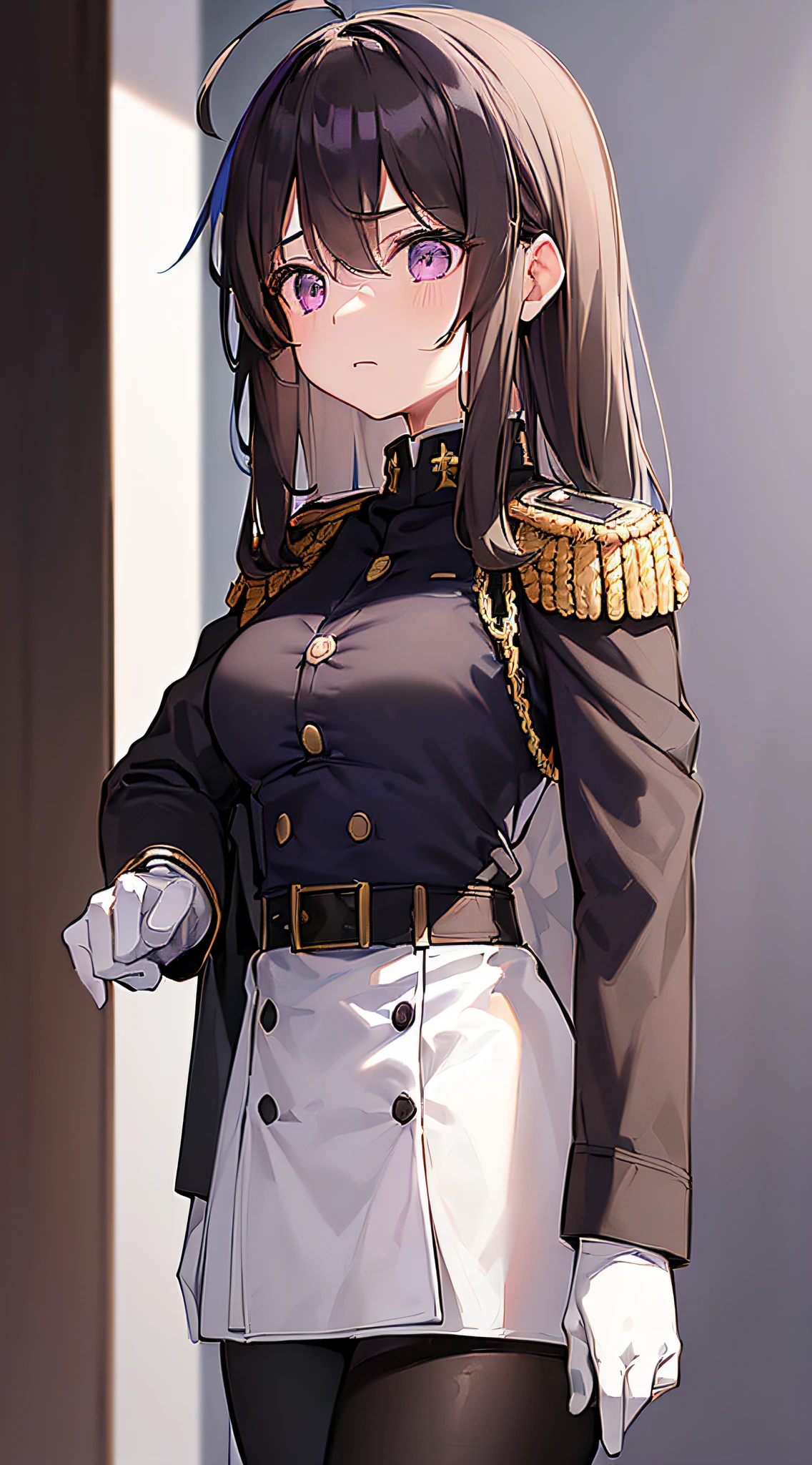 1girl, young girl, solo, a drawing of a young female military officer, (((****))), ((short height)), breasts, (((waist-length long brown hair))), ((side parted front hair)), ((purple eyes)), shy expression, ((ahoge)), ((((black and dark blue military officer uniform)))), ((military uniform decorations)), ((((white colour background)))), sci-fi, futuristic