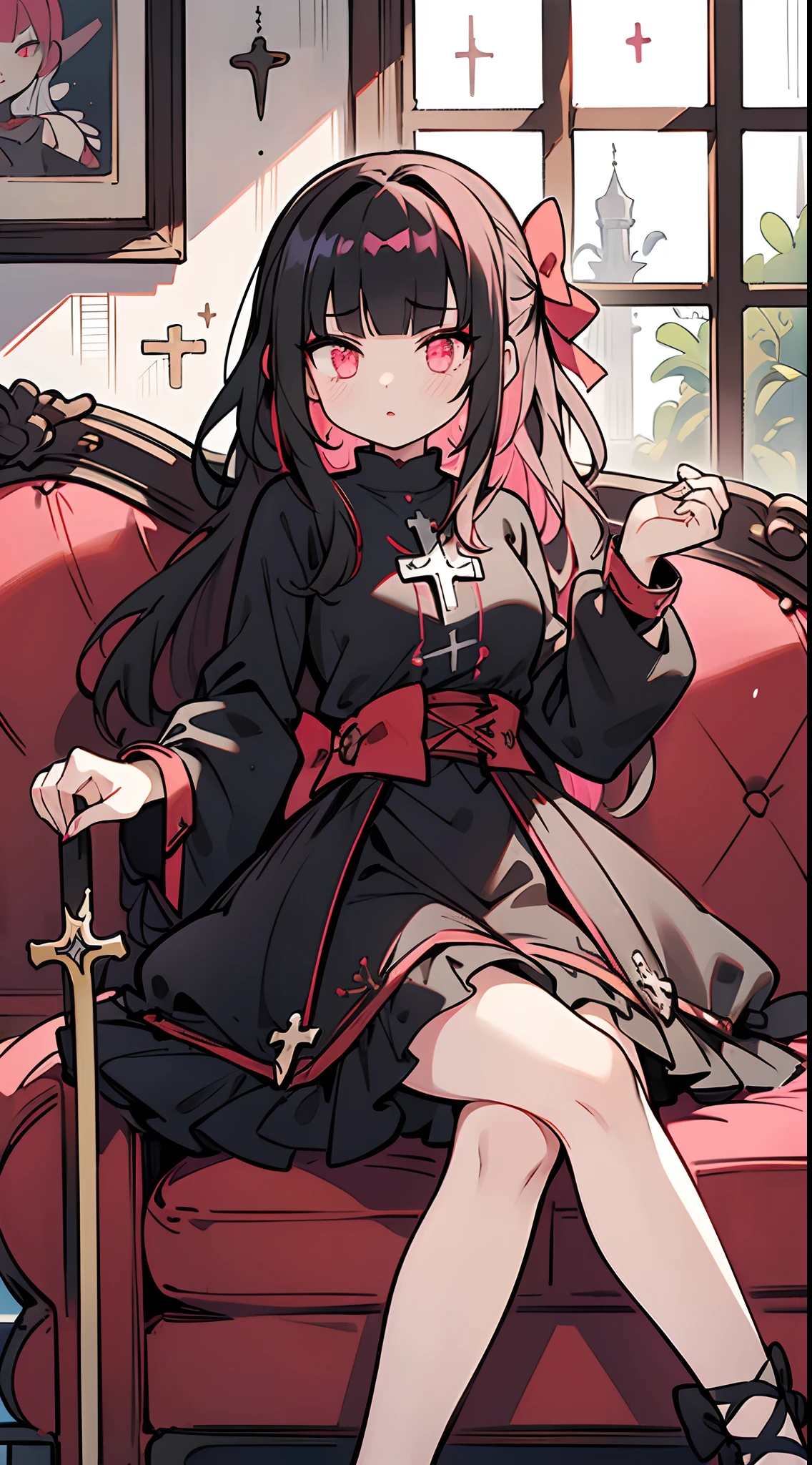 Best Quality, masutepiece, 1 girl, my, (slender:1.3), medium breasts, (blac hair:1.3), Long hair, Wavy Hair, Twin-tailed, (Blunt bangs:1.3), Looking at Viewer, Bow, (Medieval fantasy:1.3), Sense of depth, (Hair Bow:1.3), (Red Goth Lory:1.3), Horizontal view, (Sit cross-legged on a Gothic sofa:1.3), (Black sofa:1.2), Front Angle, (black and white window:1.3), (black interior:1.2), (Pink lips:1.3)
