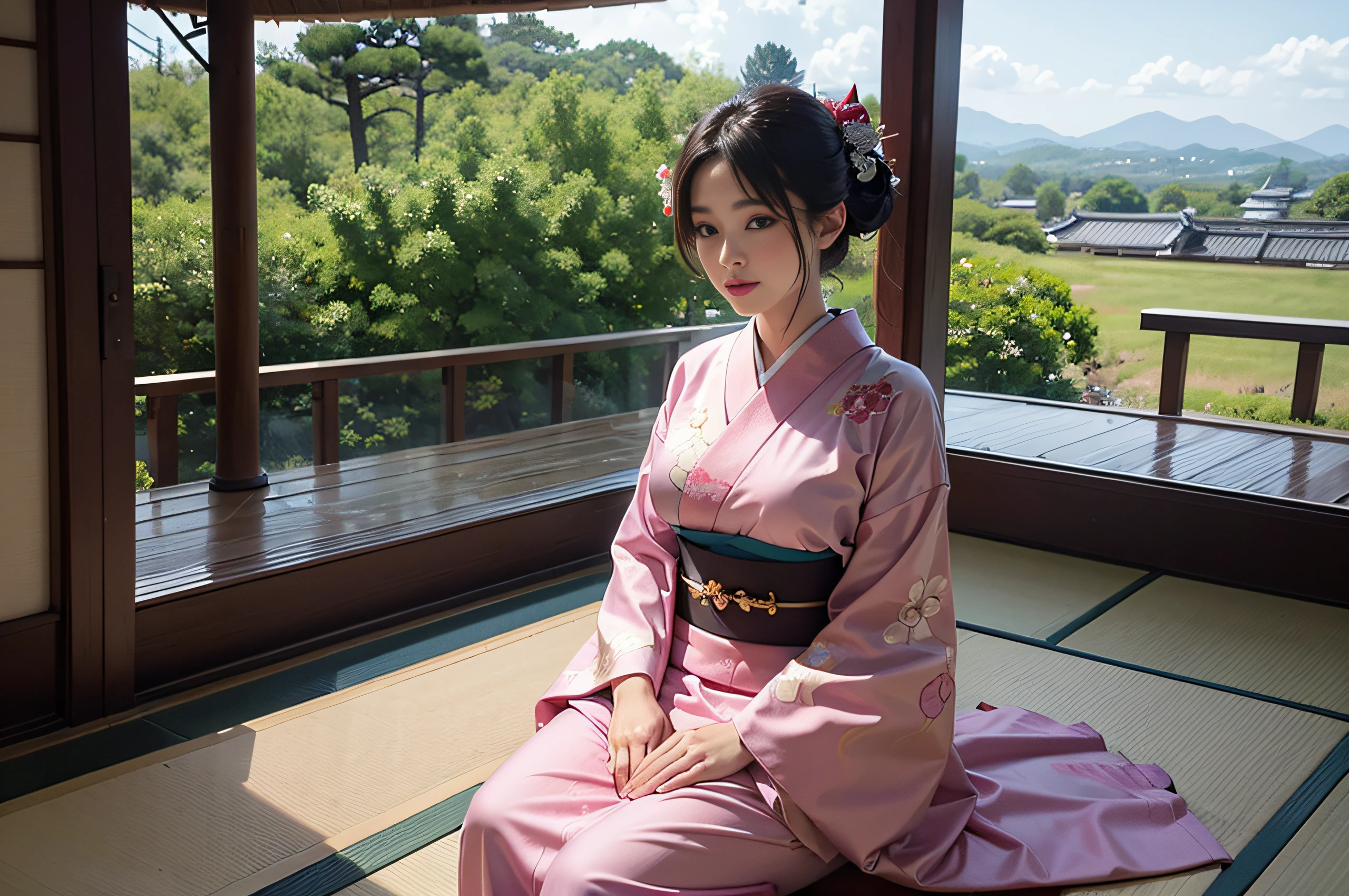 master piece, 8 K, Very detailed face, Perfect eyes, 1 mature woman, Beautiful woman in kimono sitting in traditional architecture of Japan, Sit on the veranda, Kimono, Wearing a kimono, Pink and gold kimono, multilayered outfit, geisha, Classic kimono, japanese kimono, Complex kimono, Clothes of the past, brown haired woman, Shy, good attitude, Big Breast