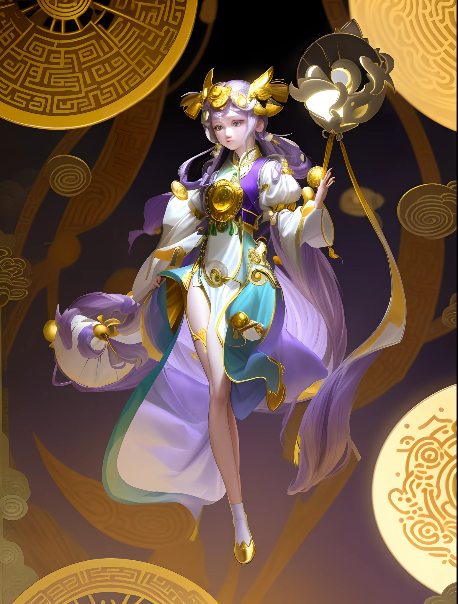 A teenage girl,whaite hair,God of the Moon,White, purple and green traditional Chinese clothing,Gold and silver accessories,Suspended in the air,Surround the lunar wheel behind the Method,When casting a spell attack, the energy of the moon wheel is shining,Trendy national style,