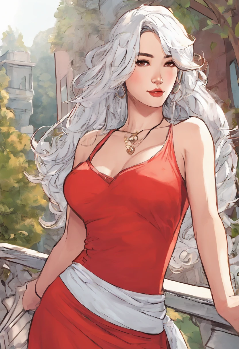 Realistic medium, Grade high resolution, 1 girl, White wavy hair, Asian female, small mole under eyes, red long skirt, Large breasts,