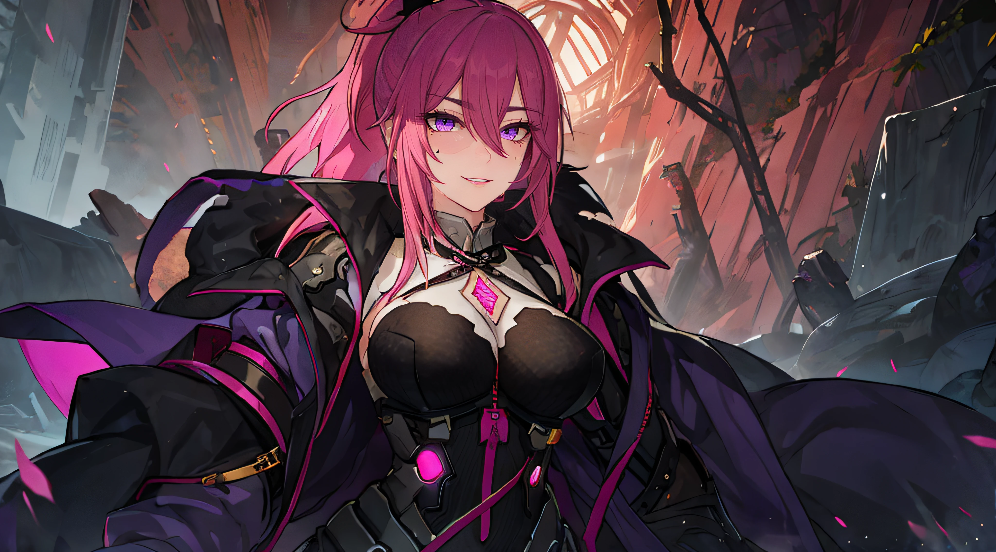 Frigg, Ponytail, (pink hair, purple eyes:1.4), a woman with long black hair holding a sword, a character portrait, inspired by Kanō Hōgai, pixiv contest winner, m4 sopmod ii girls frontline, [[[[grinning evily]]]], anime style. 8k, royal attire akira, persona 5 art style wlop, artgerm and ben lo, wearing kimono armor