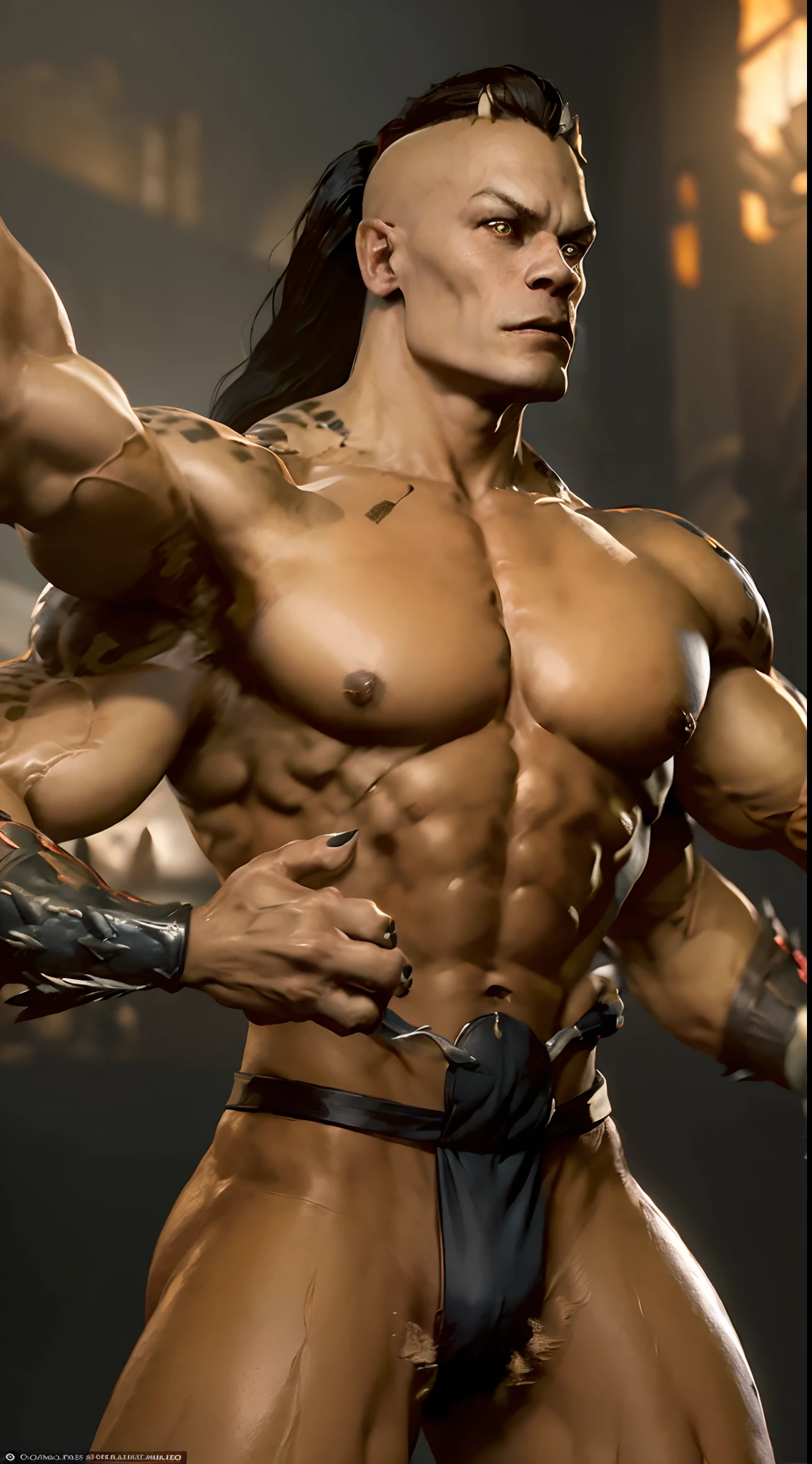 actor ((John Cena)) as ((Goro)) from Mortal Kombat, black ponytail, ((4arm):1.2), ((extra arms)), sharp and fanged teeth, naked torso, ((black loincloth)), on a battle arena, intricate, high detail, sharp focus, dramatic, photorealistic painting art by greg rutkowski