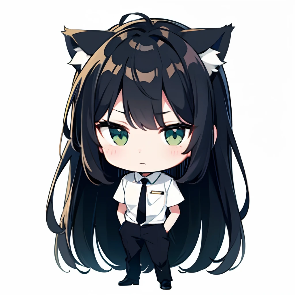 black hair, White Skin Skin, Green eyes, cat ears, chibi, Shy, Oval eyes . tied shirt, Official pants
