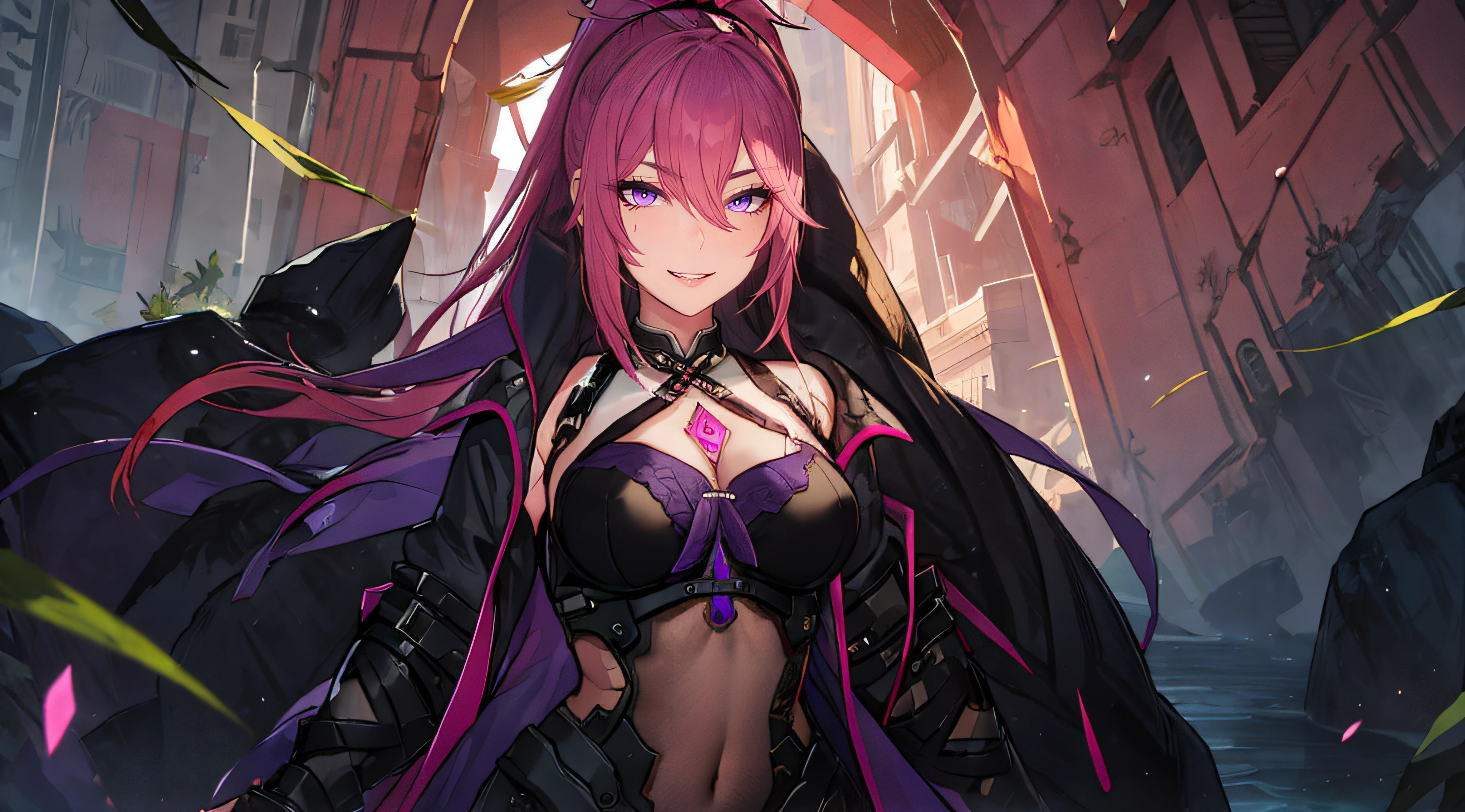 Frigg, Ponytail, (pink hair, purple eyes:1.4), a woman with long black hair holding a sword, a character portrait, inspired by Kanō Hōgai, pixiv contest winner, m4 sopmod ii girls frontline, [[[[grinning evily]]]], anime style. 8k, royal attire akira, persona 5 art style wlop, artgerm and ben lo, wearing kimono armor