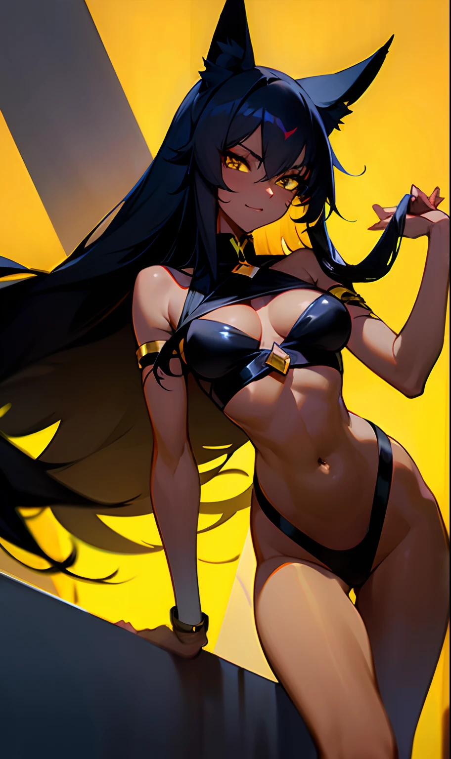Anubis dark-skinned woman with medium breasts and long black hair with golden cat ears