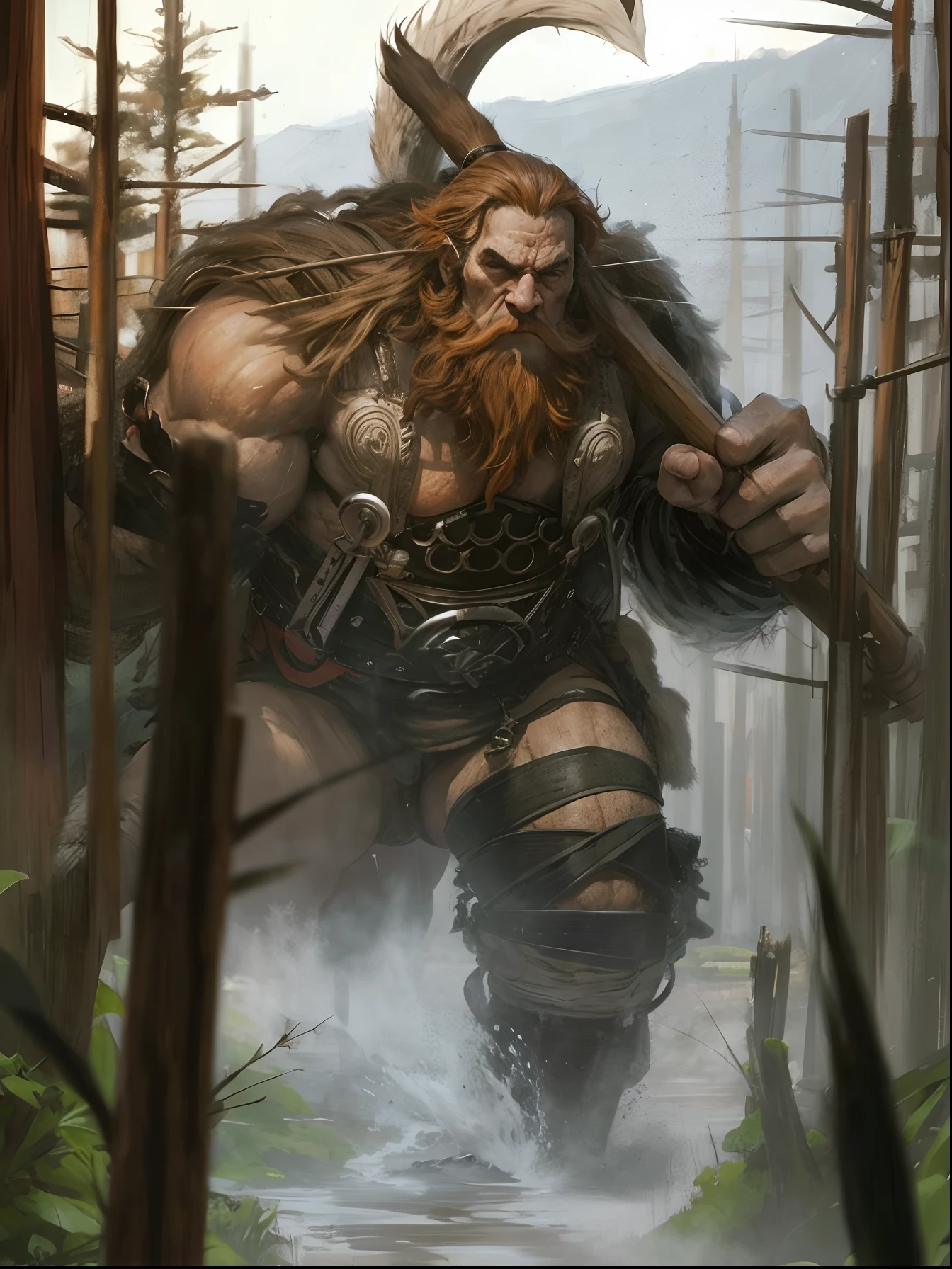 1man, (((solo))), (tall man, muscular body, with many battle scars on his body, long red hair and red beard, red eyes in fury, has a pair of deer antlers on his head), RPG barbarian, furious in combat, carries in his hands a battle axe