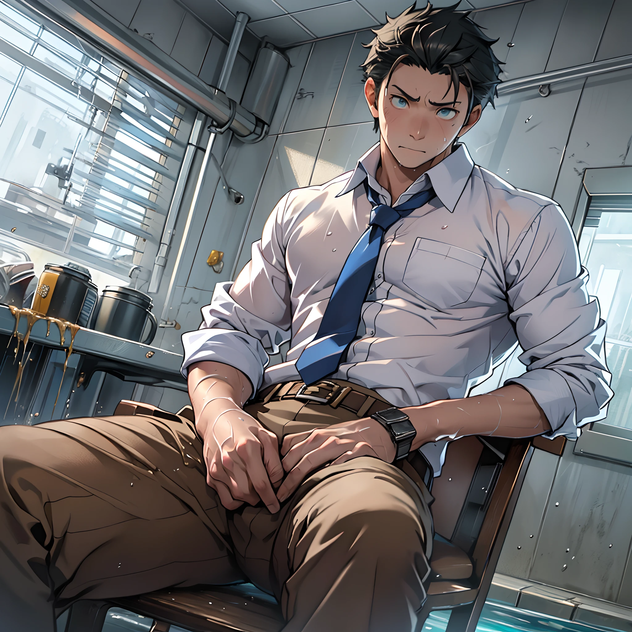 (1 Adult male),A high resolution, Sharp focus, Pixiv masterpiece, ((Complicated details)), highly detailed, natsuki_subaru, 1 man,perfect male figure,Urine on the trouser leg, Nervously bow your head,is shy,embarressed,exhilarated,is shocked,panicking,worry,A pool of urine formed around him,Very eager to pee,Unbearable,Wet yourself,Urine discharge,full bodyesbian,sit astride,Tired,decadent, blue color eyes(eyes glowing), Short yellow hair,white shirt,Wear a tie,Wear a belt,trousers,perspire,Drenched,Get wet,pissing,urine flows down the pants,look from down