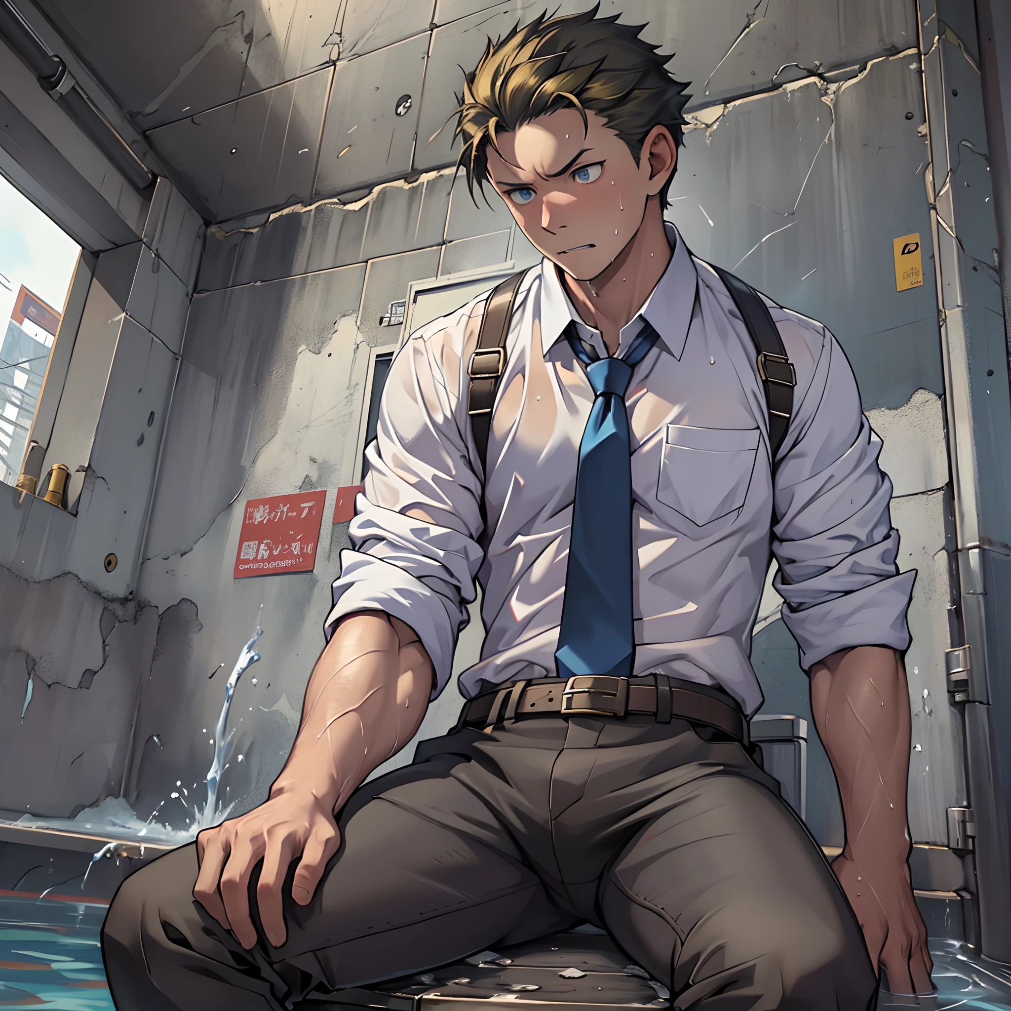 （1 Adult male），A high resolution， Sharp focus， Pixiv masterpiece， （（Complicated details））， highly  detailed， natsuki_subaru， 1 man，perfect male figure，Urine on the trouser leg， Nervously bow your head，is shy，embarressed，exhilarated，is shocked，panicking，worry，A pool of urine formed around him，Very eager to pee，Unbearable，Wet yourself，Urine discharge，full bodyesbian，sit astride，Tired，decadent， blue color eyes（eyes glowing）， Short yellow hair，white  shirt，Wear a tie，Wear a belt，trousers，perspire，Drenched，Get wet，pissing，urine flows down the pants，look from down