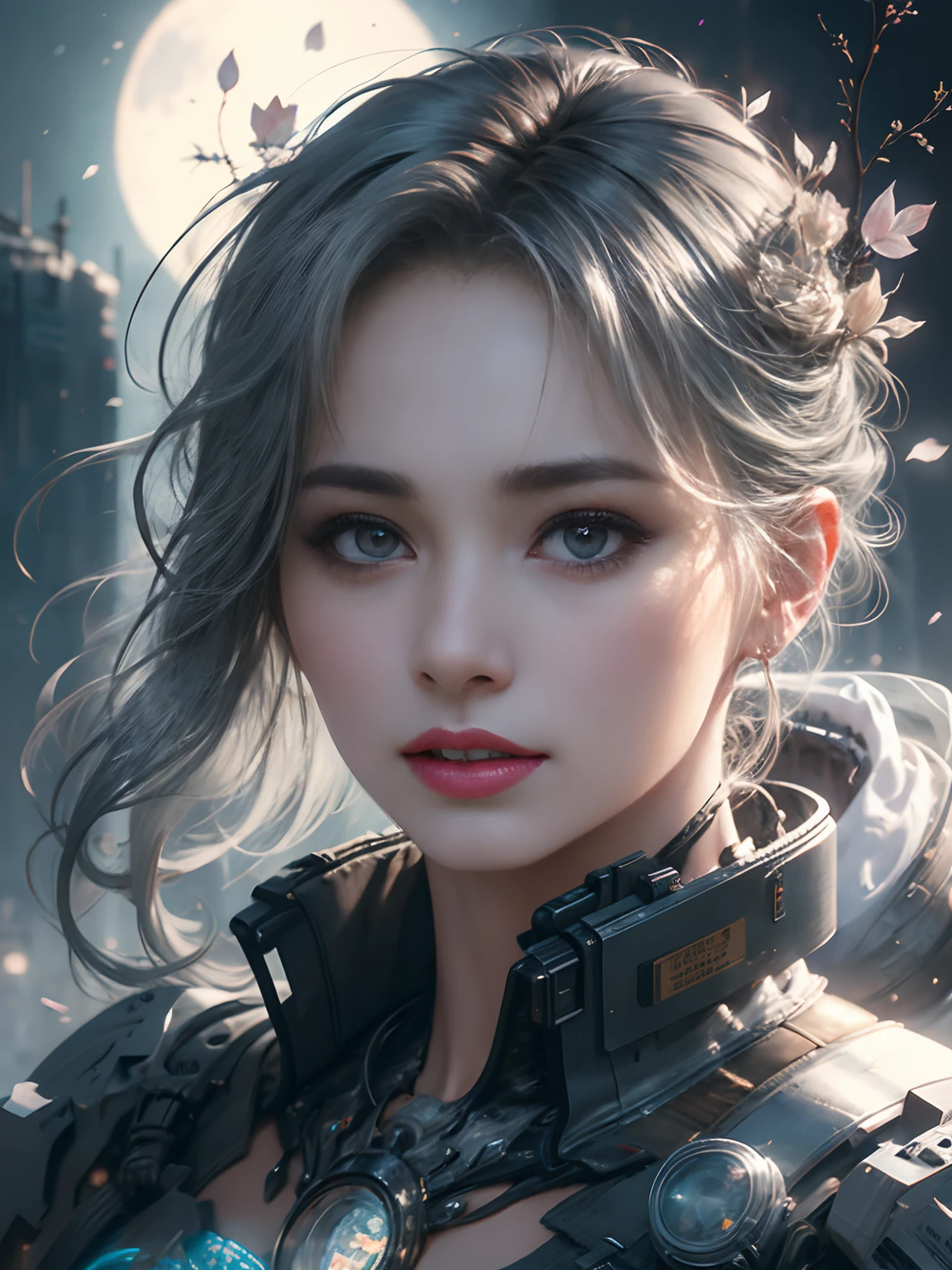 Portrait, Abstract Beauty, Near-Perfection, Delicate Face, Dynamic, Gray Hair, Moonlight, Lantern Bustle, Highly Detailed, Digital Painting, Artstation, Concept Art, Smooth, Sharp Focus, Illustration, Art by Carne Griffiths and Wadim Kashin