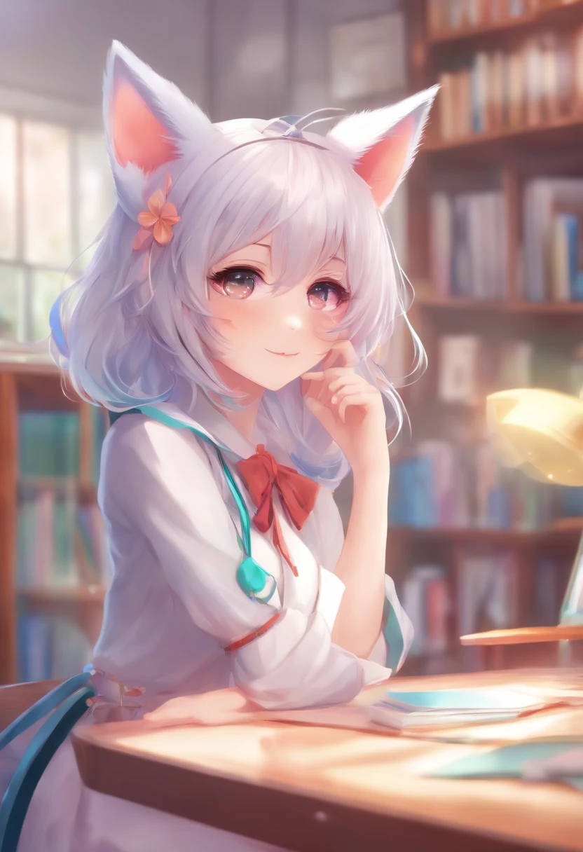 Colorful hair and colorful dress in anime ((cat-eared 1girl)), school uniform pastel vivid, rossdraws cartoon vivid, anime style 4k, beautiful anime portrait, artgerm colorful!!!、! dream art germ, beautiful anime, cat ear 1girl, anime style digital art, anime art wallpaper 4k, anime art wallpaper 4k, digital anime art, highly detailed art germ, school uniform, full body, sitting in her office, white hair, front view, smirking,