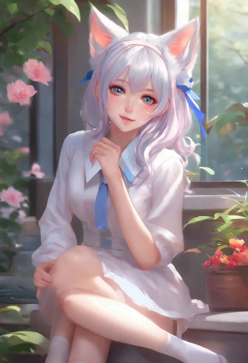 Colorful hair and colorful dress in anime ((cat-eared 1girl)), school uniform pastel vivid, rossdraws cartoon vivid, anime style 4k, beautiful anime portrait, artgerm colorful!!!、! dream art germ, beautiful anime, cat ear 1girl, anime style digital art, anime art wallpaper 4k, anime art wallpaper 4k, digital anime art, highly detailed art germ, school uniform, full body, sitting in her office, white hair, front view, smirking,