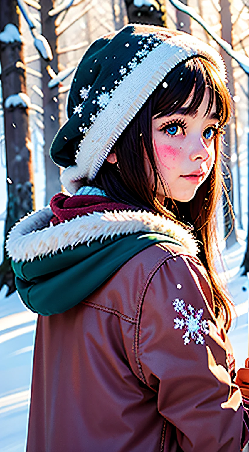 a lovely painting of a girl in the forest with light snow falling,