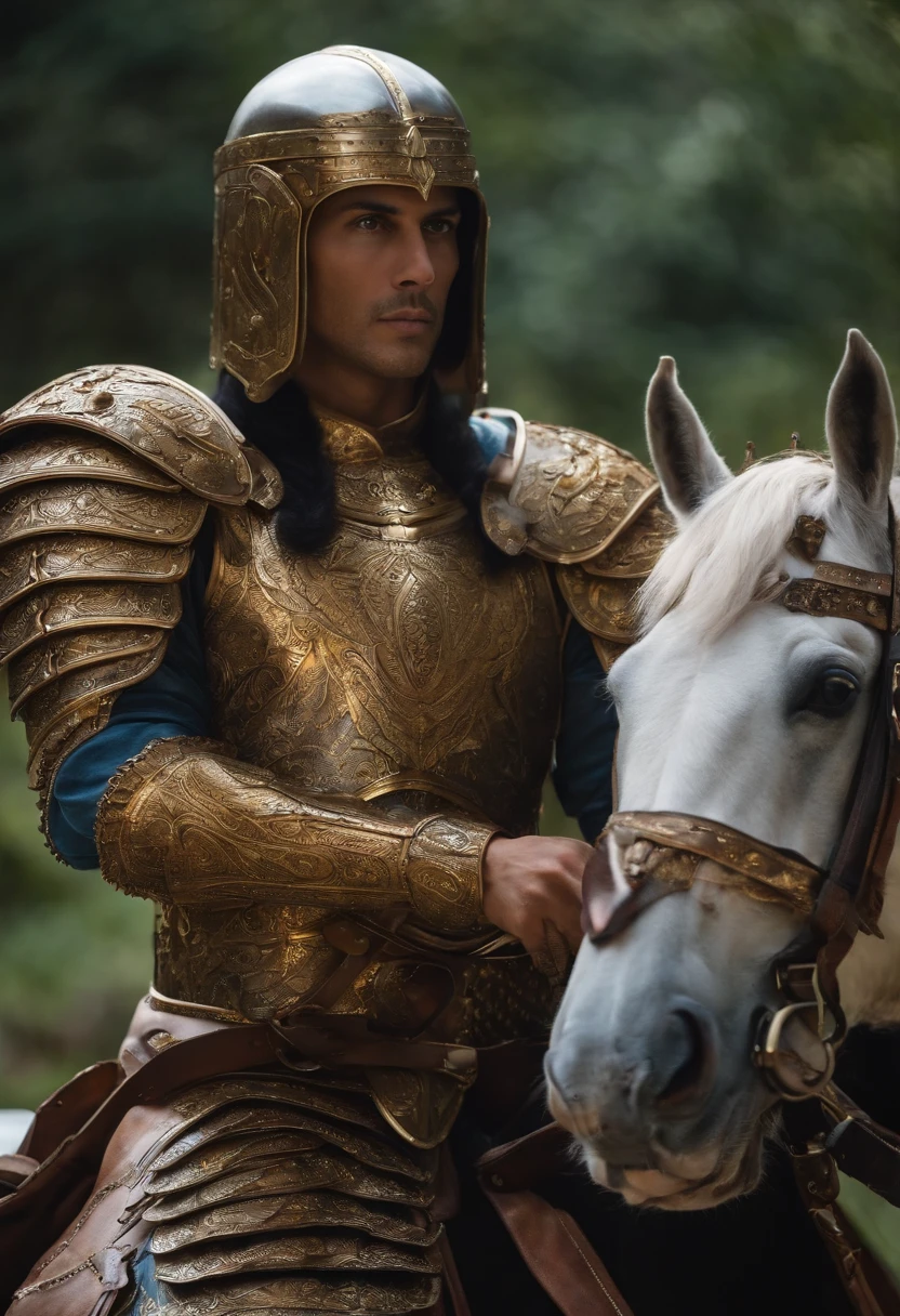 Paladino com armadura de placas, loiro aasimar homem, olhos radiantes.