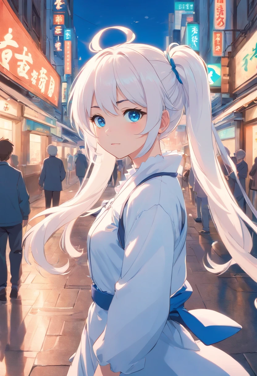 White color hair,Double ponytail curls,blue color eyes,White ta,Beth,A bustling city street