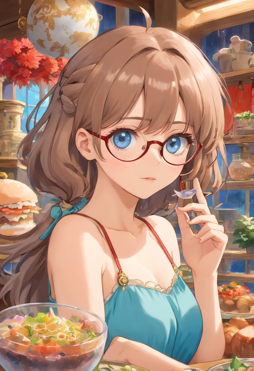 ( high high quality , ultra - detailed, Hand care )Zodiac - interesting, Cleavage is seductive, imaginative face , Sometimes impractical, uneasy, Jumpy, Elaborate style ,circle glasses ,light blue eyes , pale brown hair , See-through dresses , full bodyesbian , Flirt makeup ,