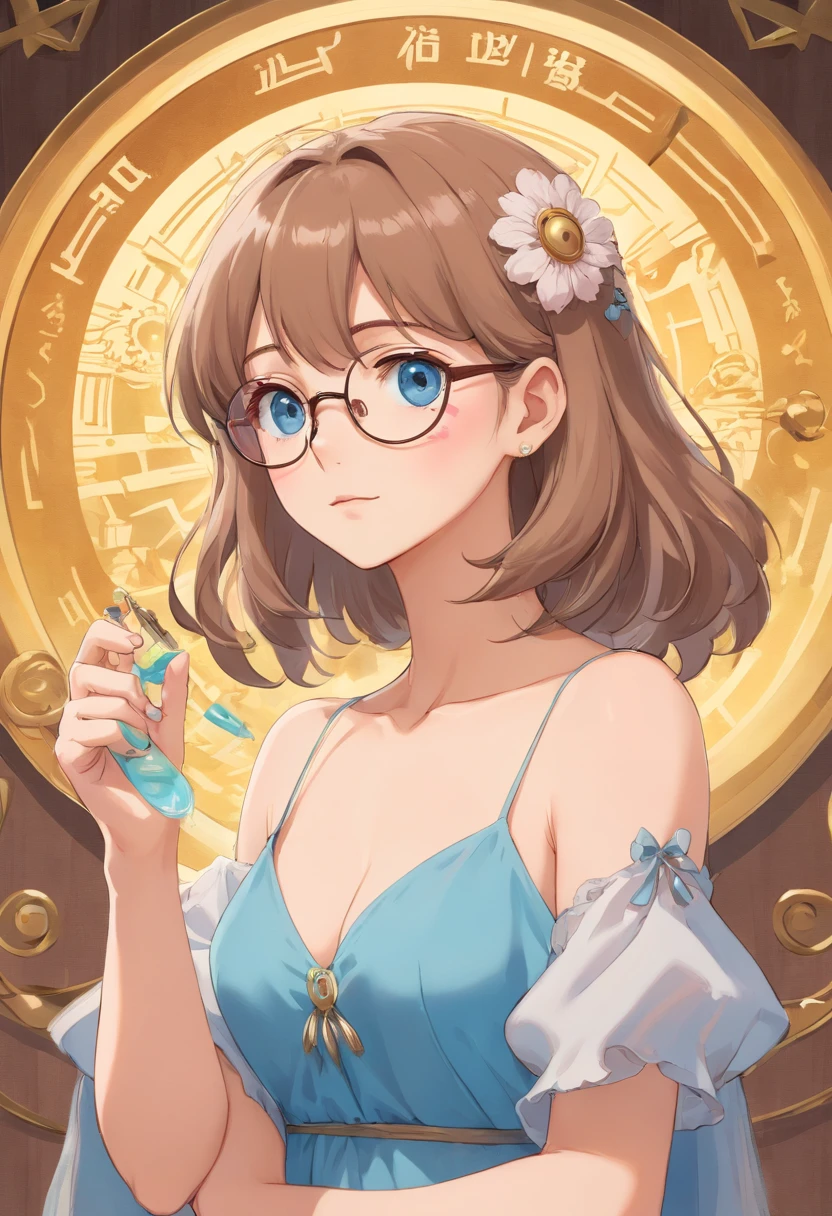 ( high high quality , ultra - detailed, Hand care )Zodiac - interesting, Cleavage is seductive, imaginative face , Sometimes impractical, uneasy, Jumpy, Elaborate style ,circle glasses ,light blue eyes , pale brown hair , See-through dresses , full bodyesbian , Flirt makeup ,