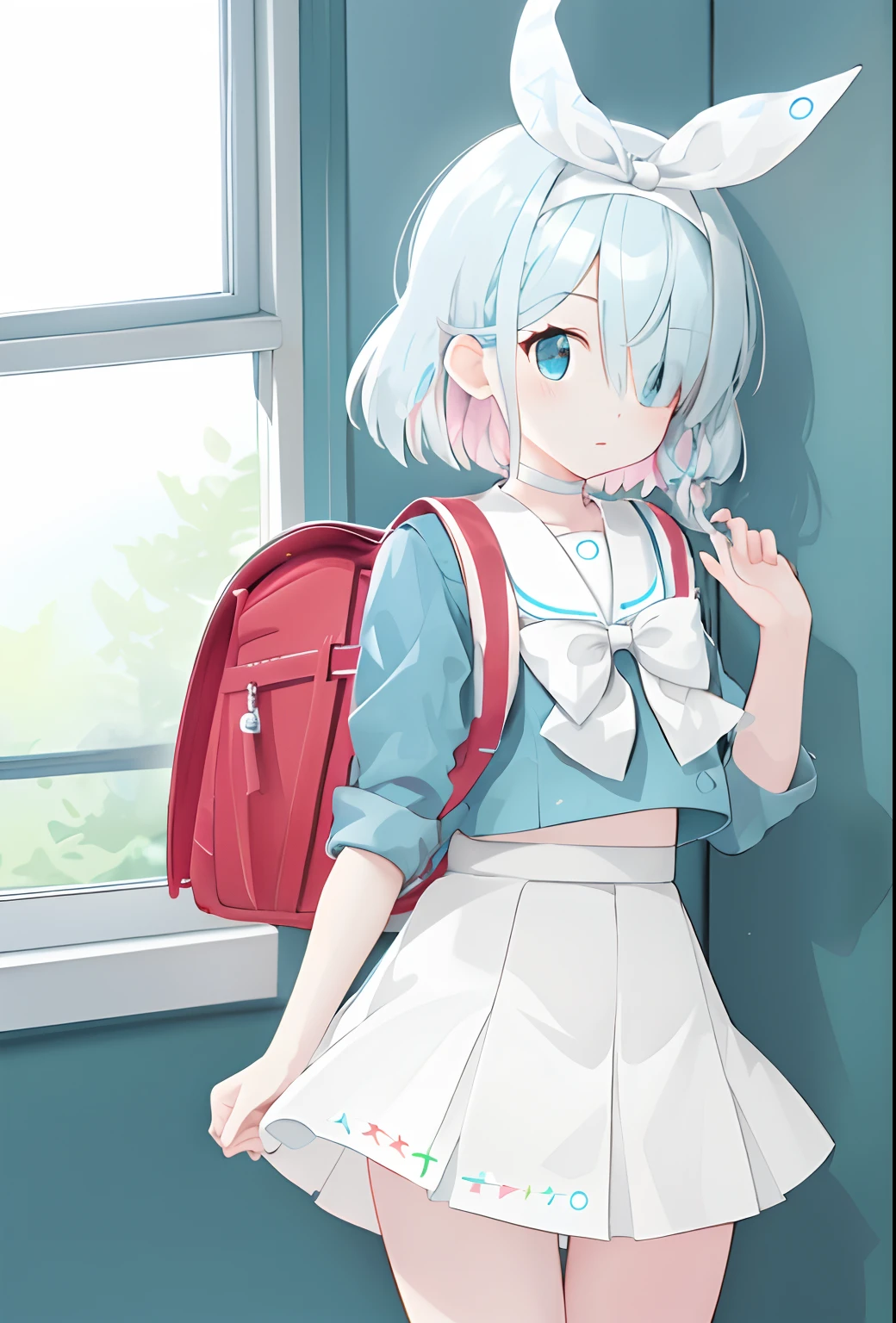 Masterpiece, hd, 2d
1girl, skirt, white skirt, hairband, solo, white bow, choker, shirt, window, white ribbon, pleated skirt, sailor collar, serafuku, school uniform, light blue hair, wearing randoseru backpack