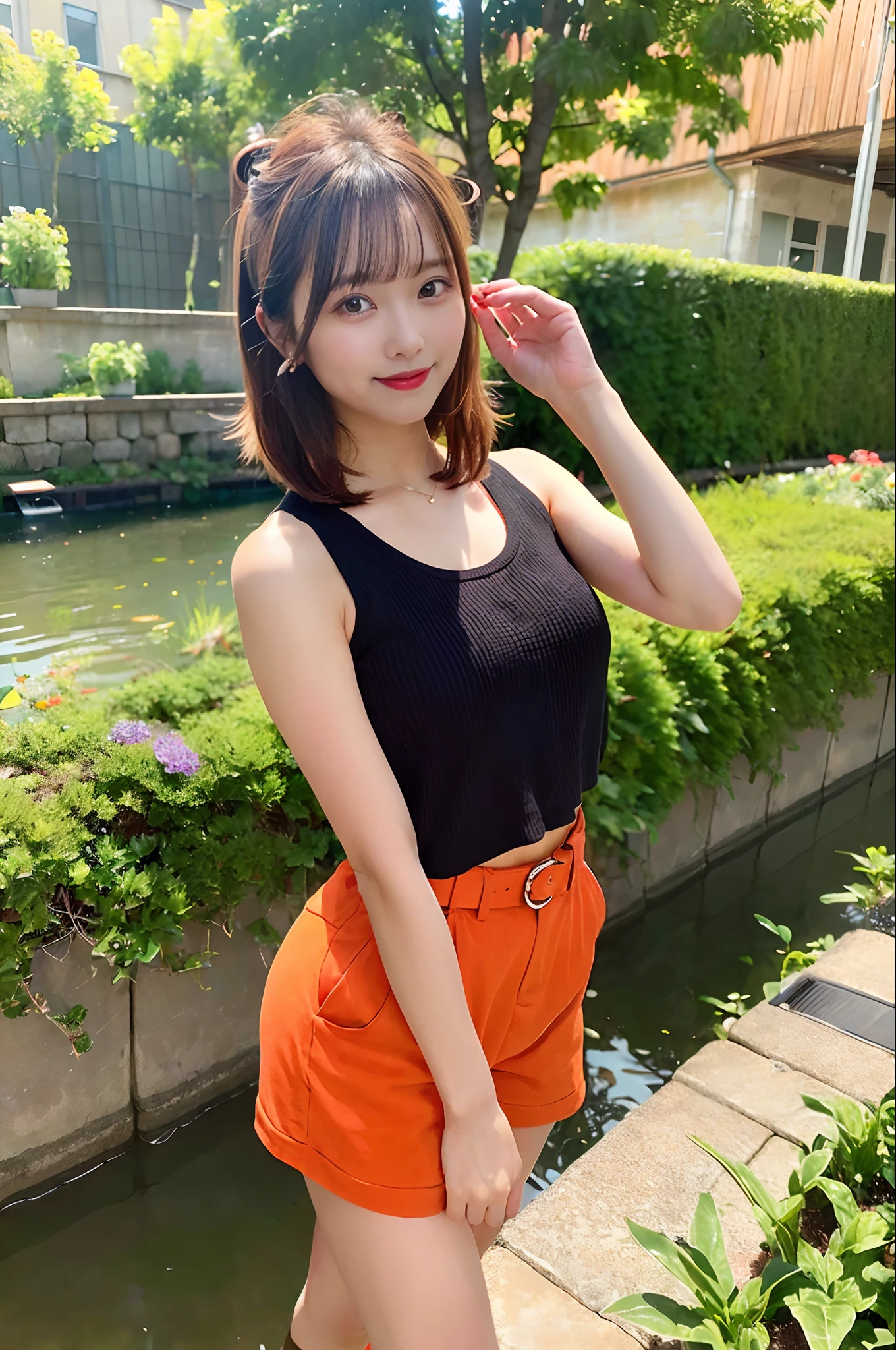 (sologirl,Dojo Character.Light brown and orange two-tone shorthair,Floating hair,Ahoge,Unkempt hair,Red cheeks,red lipsticks,Red Eyeliner.Oversized tank top with loose neck,Oversized shorts.Thin belt,),Bend down and pick flowers,A smile that captivates the viewer by bending down and looking upwards,(Illuminated by the morning sun,Snowmelt in the mountains,Clean water,Flower garden with a stream flowing:1.3,),beatiful backgrounds,(masutepiece,top-quality,Ultra-high resolution output image,)The 8k quality,),(Image Mode Ultra HD,),(Sea Art 2 Mode.1:1.3,),