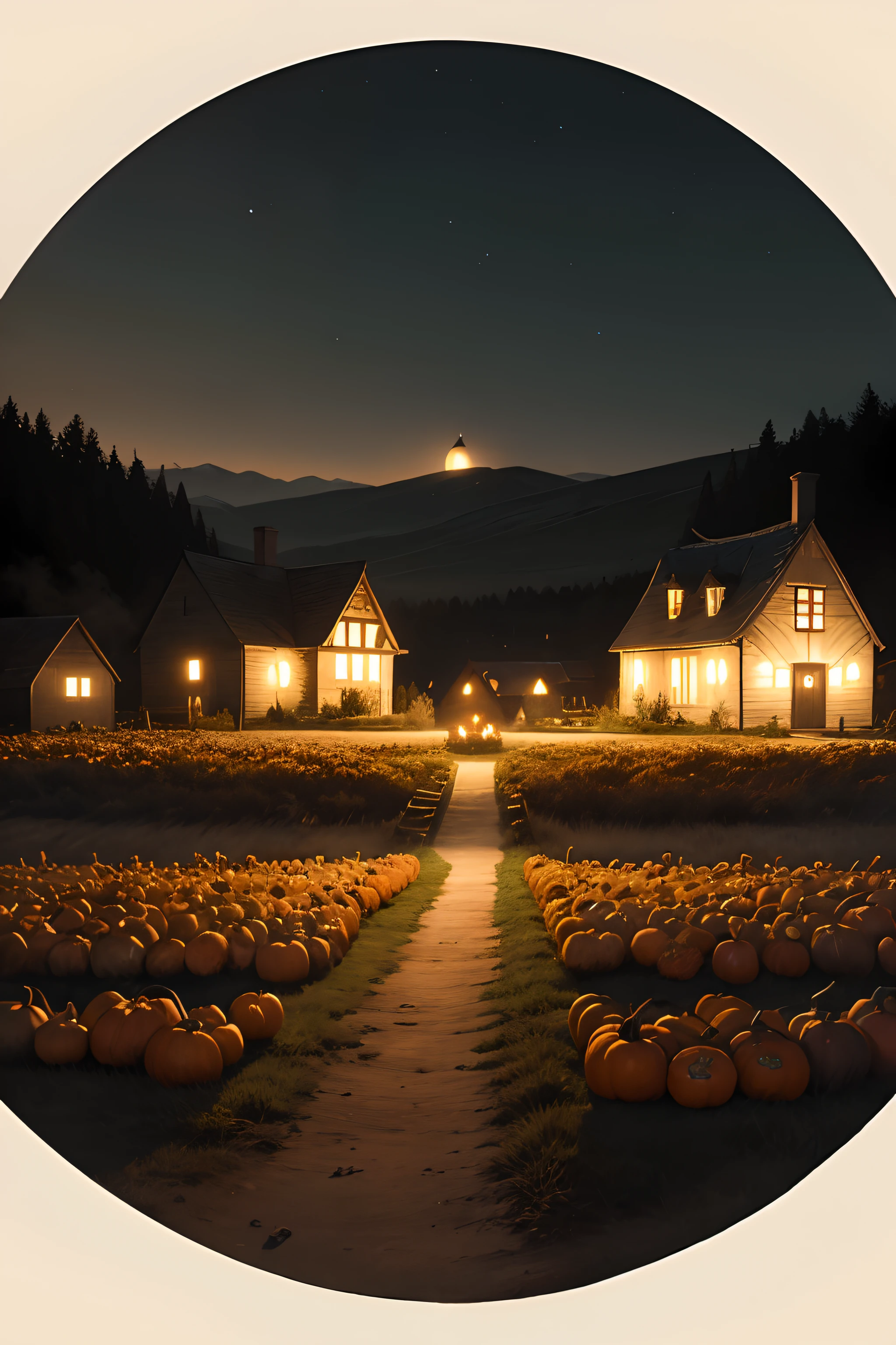 masterpiece, 1600s, a creepy sequence of a pumpkin patch field, dark, cold, night time, cottage in the background,
