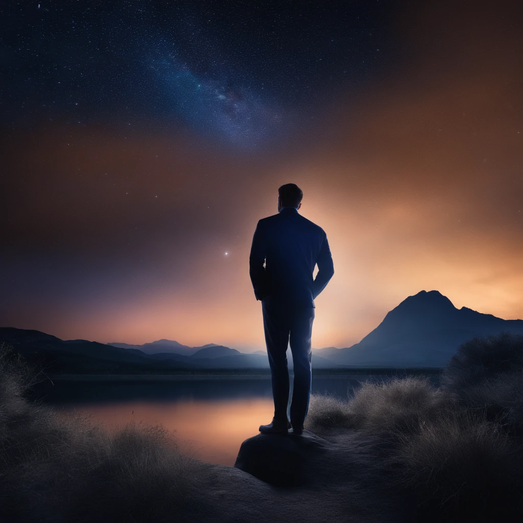 A man stands before a dark blue starry sky around him