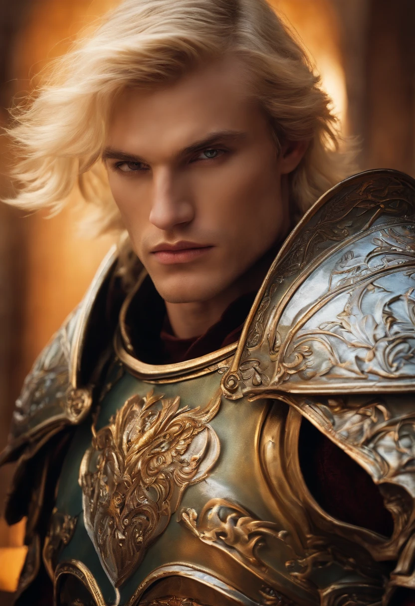 A blond man Aasimar paladin, with radiant eyes, dressed in full plate armor