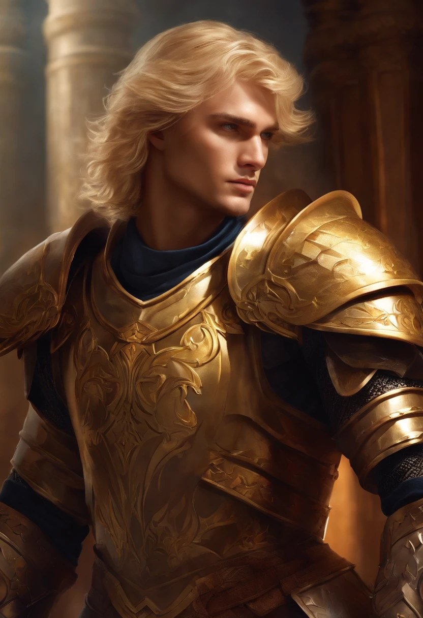 A blond man Aasimar paladin, with radiant eyes, dressed in full plate armor