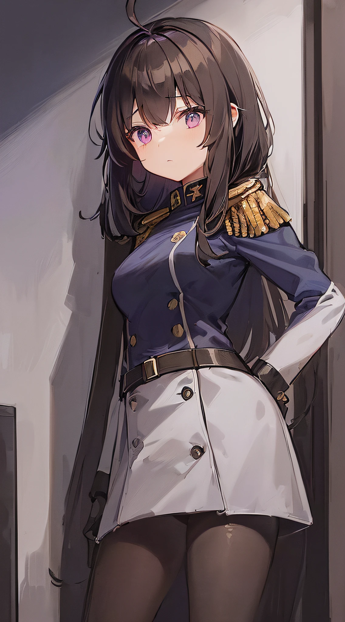 1girl, young girl, solo, a drawing of a young female military officer, (((li))), ((short height)), breasts, (((waist-length long brown hair))), ((side parted front hair)), ((purple eyes)), shy expression, ((ahoge)), ((((black and dark blue military officer uniform)))), ((military uniform decorations)), ((((white colour background)))), sci-fi, futuristic