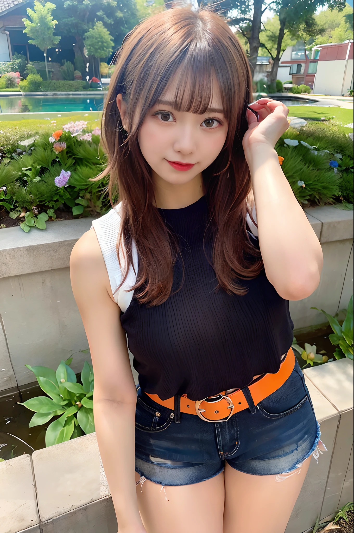 (sologirl,Dojo Character.Light brown and orange two-tone shorthair,Floating hair,Ahoge,Unkempt hair,Red cheeks,red lipsticks,Red Eyeliner.Oversized tank top with loose neck,Oversized shorts.Thin belt,),Bend down and pick flowers,A smile that captivates the viewer by bending down and looking upwards,(Illuminated by the morning sun,Snowmelt in the mountains,Clean water,Flower garden with a stream flowing:1.3,),beatiful backgrounds,(masutepiece,top-quality,Ultra-high resolution output image,)The 8k quality,),(Image Mode Ultra HD,),(Sea Art 2 Mode.1:1.3,),