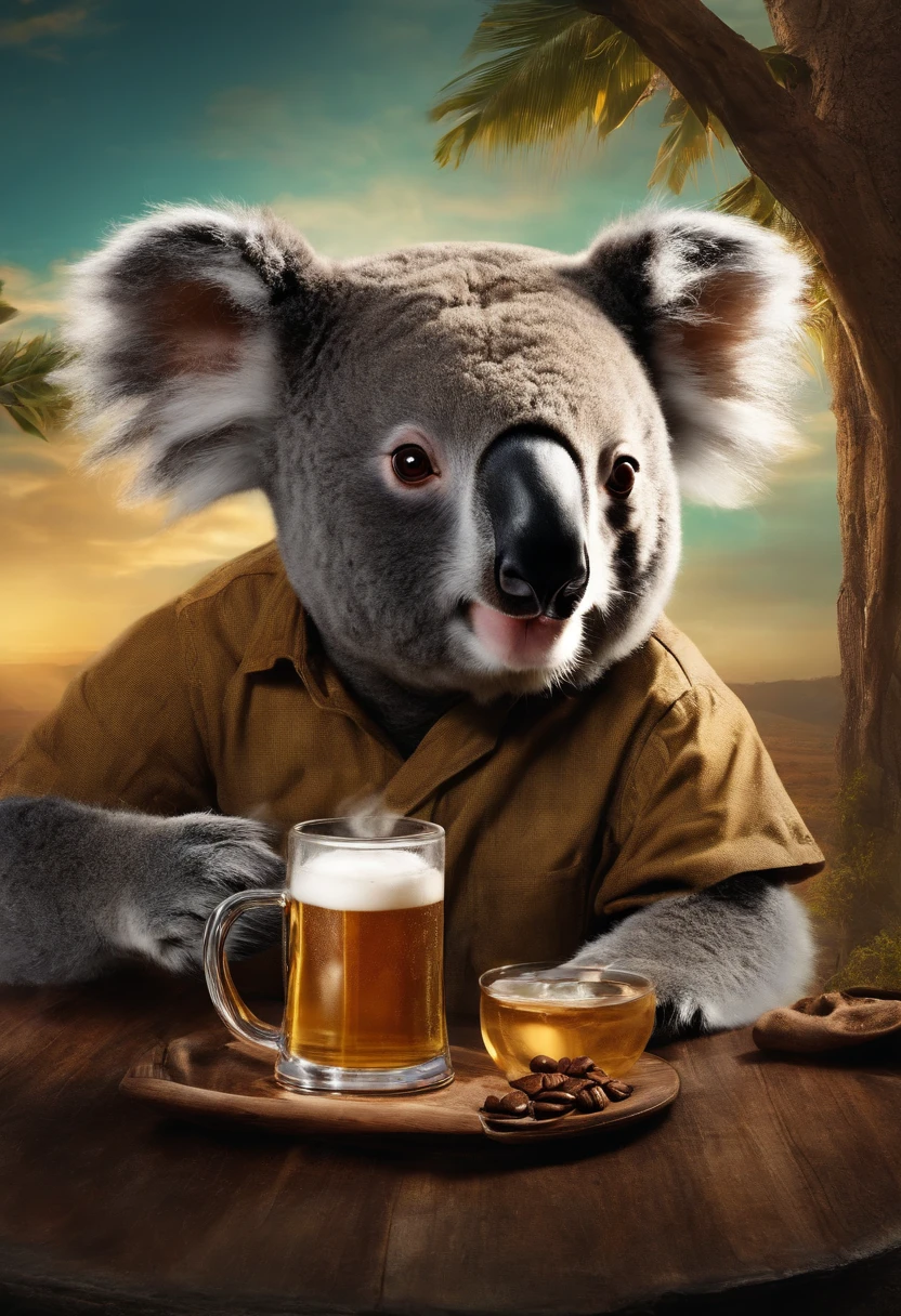 Fish-faced man drinking coffee a close up of a koala logo with a glass of beer, background steam locomotive,
energy logo art, created in Adobe Illustrator, image, leaked image, illustrated,