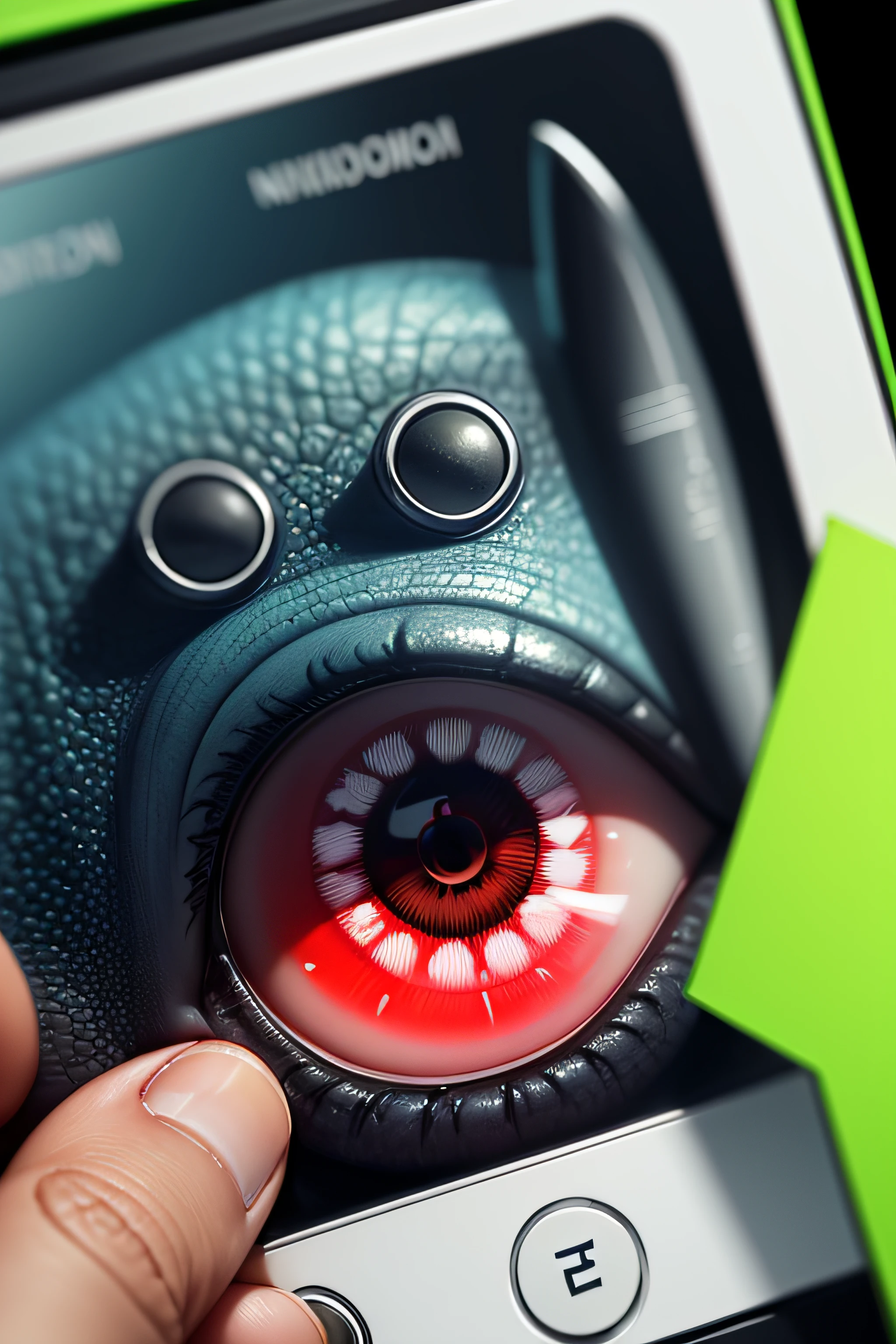 olho, boca, dente, dragao, vermelho, celular, radio, dispositivo eletronico, espionagem, numeros verdes, numeros boca