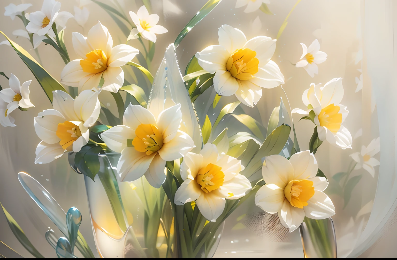 There are many white and yellow flowers in the vase, daffodil, big breasts beautiful, Clear detail, Brilliant, tmasterpiece，Two-dimensional decorative painting style