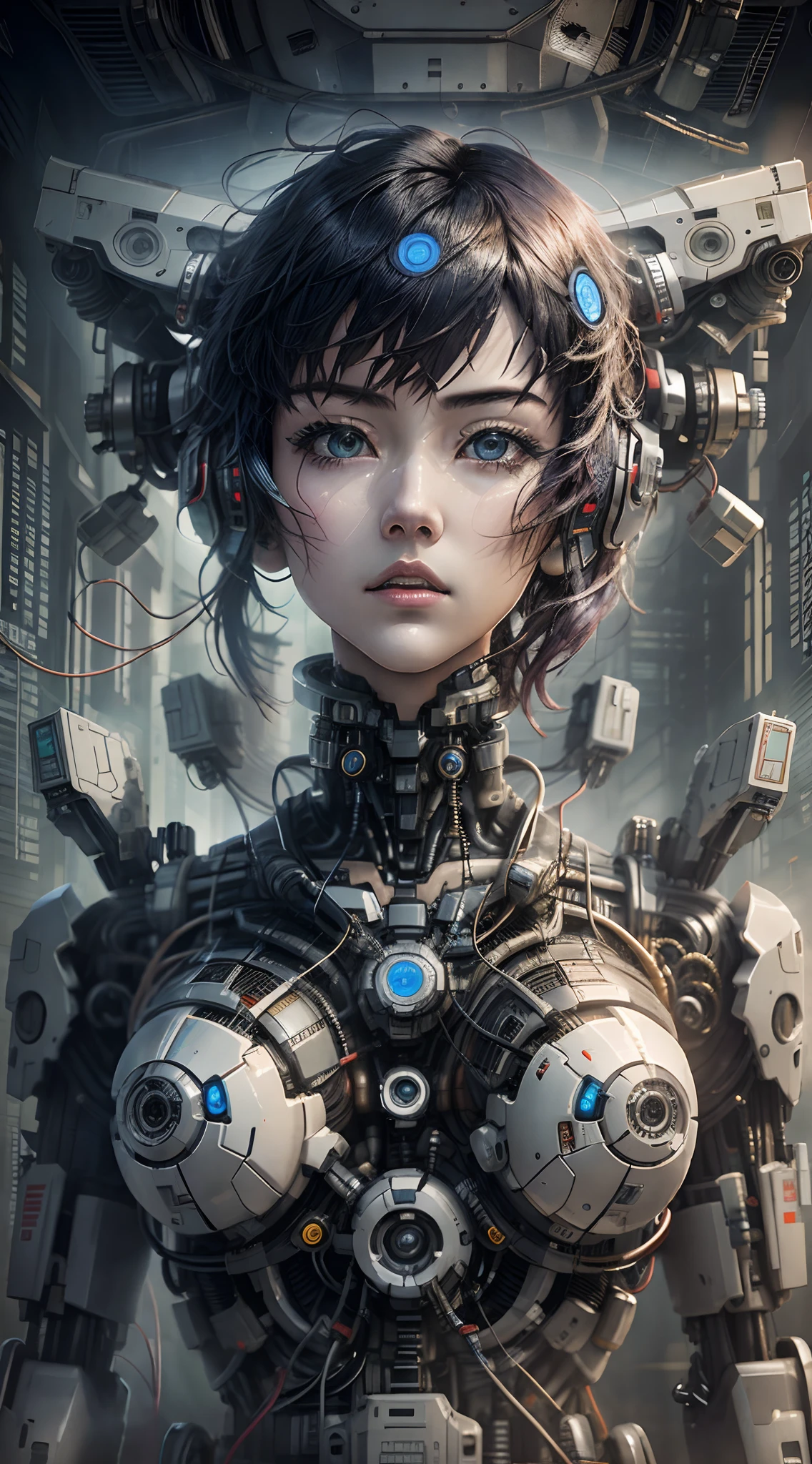 Ghost in the Shell Kusanagi Corpo Escultural, on a machine with cables and wires connected, Uniforme mecha del futuro, Modern robot factory,