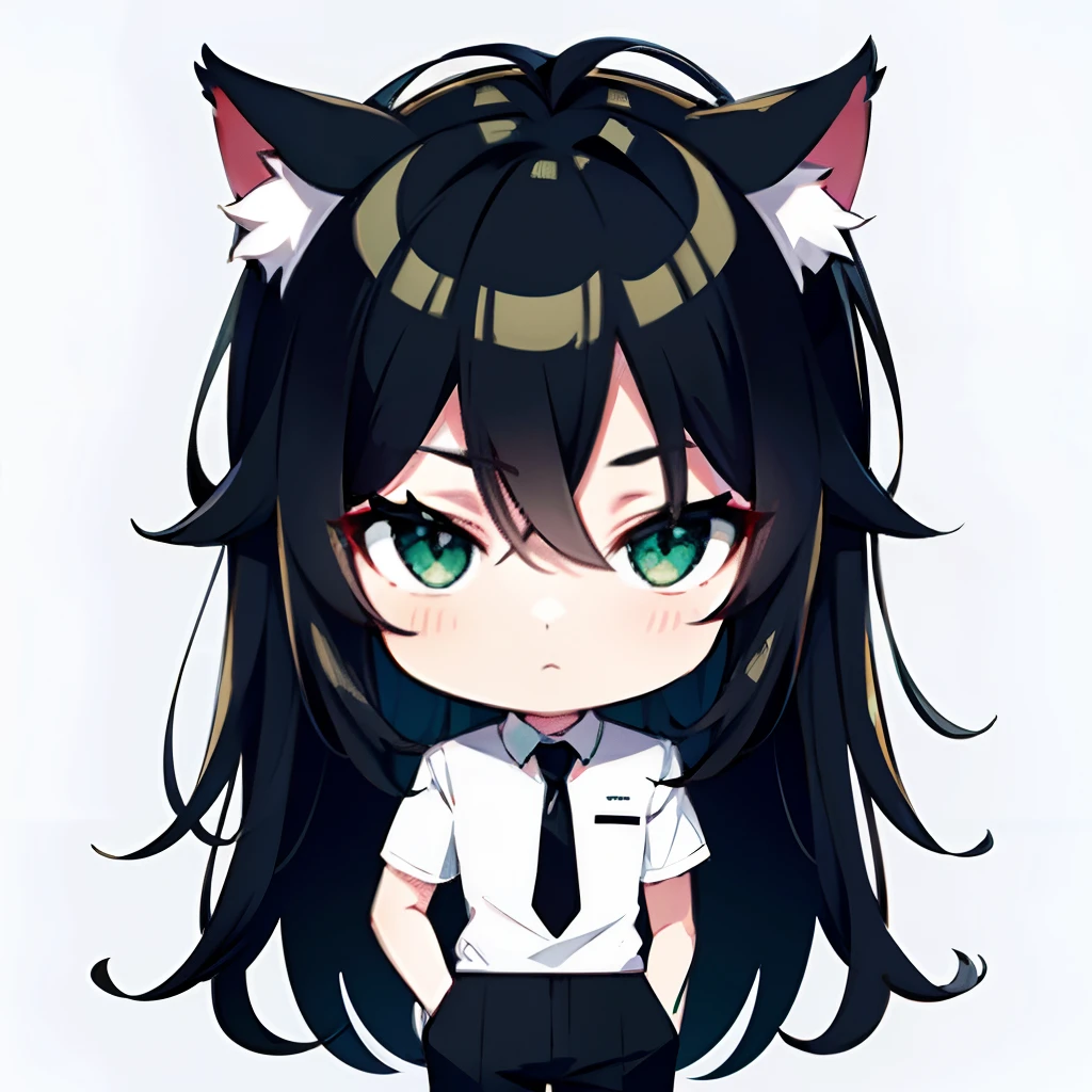 black hair, White Skin Skin, Green eyes, cat ears, chibi, grimalkin, Oval eyes . tied shirt, Official pants, hairlong