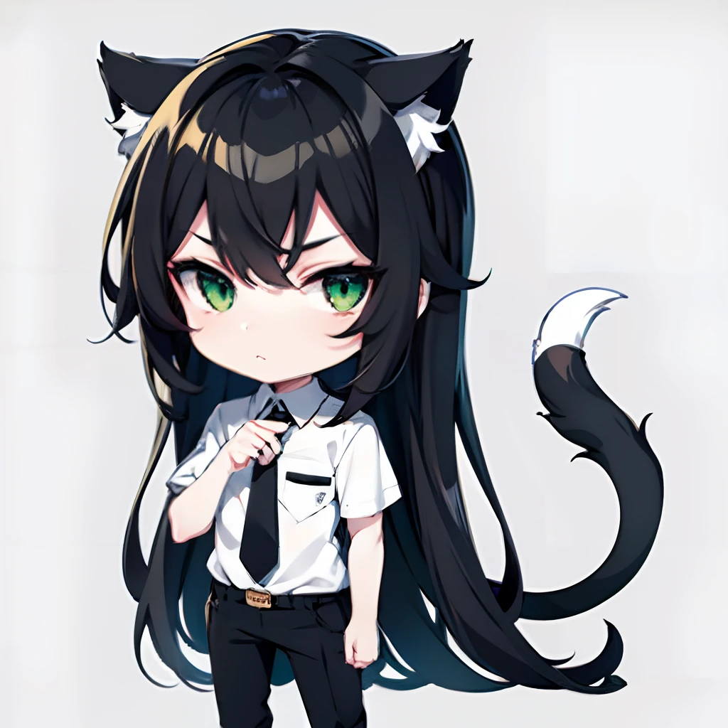 black hair, White Skin Skin, Green eyes, cat ears, chibi, grimalkin, Oval eyes . tied shirt, Official pants, hairlong