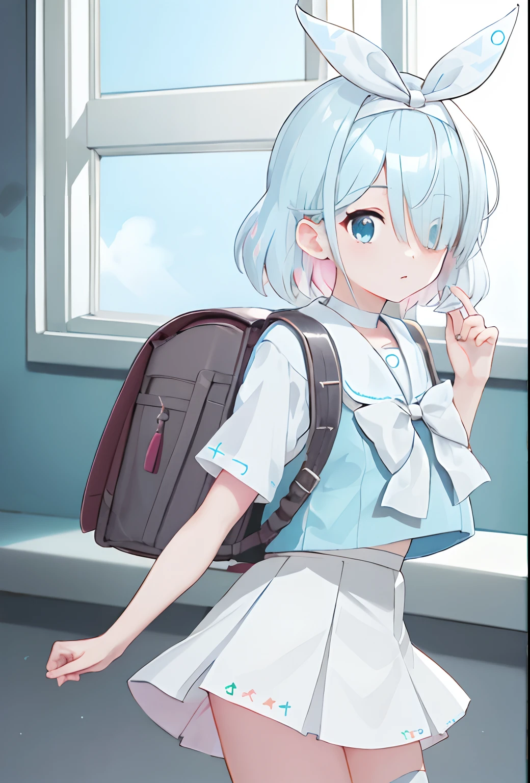 Masterpiece, hd, 2d
1girl, skirt, white skirt, hairband, solo, white bow, choker, shirt, window, white ribbon, pleated skirt, sailor collar, serafuku, school uniform, light blue hair, wearing randoseru backpack