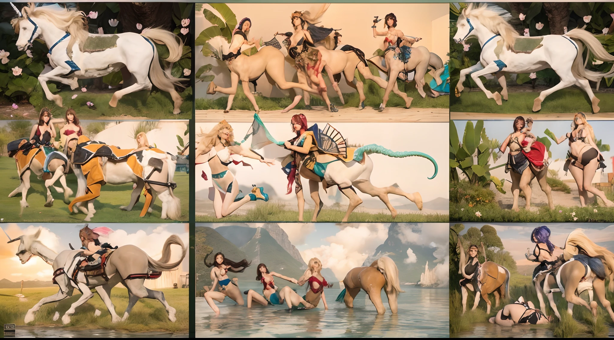 In the beautiful illustration of this super-grand scene,The ultra-distant lens shows us(Over eight separate and distinctive centaur characters:9.9),They all have their own characteristics,(Autumn outing:9.9),Vivid and interesting。Translucent fluid flowing from the(A radiant angelic centaur from the celestial realm:6.6),to the(A centaur surrounded by nightmarish flames:6.6)、And then(A fairy centaur dancing in the air:6.6)、And then there is(Unicorn centaur surrounded by lightning:6.6),to the(Mechanical style centaur with a metallic glow:6.6)、And then(Powerful colorful dragon scale centaur:6.6)、And then(Graceful and agile elf centaur slenderness:6.6)Gracefully wears a flower crown、to the(Enchanting and charming Tiflin centaurs:6.6)、And then(A succubus centaur with an indescribably sexy feeling:6.6)。Each character has their own unique charms and abilities。The illustration uses advanced artistic techniques and tools,(Use nesting、woven、stitching、ssee-through、arrange、grouping、Storyboards and other methods,Divide the scene into sections by geometric arrangement:9.9),Each section corresponds to a centaur character,This makes more efficient use of space。Through Midjourney's advanced brush tools、Color palette、Material packs and model packs、Texture tools,For each centaur, beautiful props are designed to increase racial characteristics、Clothing and physical features,(Enhances the character's personality and visual appeal:2.5),The scenery in the illustrations is stunning,There are changing skies、rainbowing、extreme light、Stars and Moon。Incorporating iconic landmarks such as Mount Everest,and fireworks、tranquil lake、Natural and urban elements of waves and neon lights,Creates a magical atmosphere,The centaurs display their unique abilities and equipment in a variety of environments,This is true even in extreme alien landscapes。(Use Midjourney's tools、Material packs、Texture tools、The color palette makes depicting details vivid and realistic:9.9),From complex hairstyles and as well as