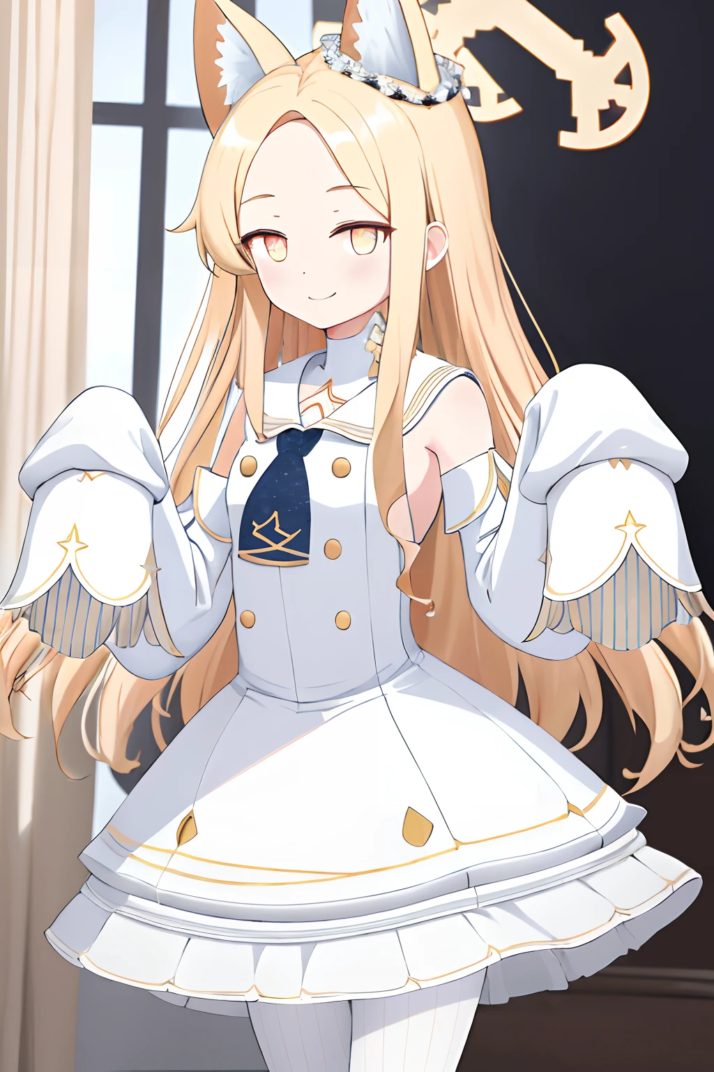 masterpiece, best quality, highres, 1girl seia halo, detached sleeves white frilled dress white sailor collar sleeves past wrists white pantyhose standing, smile, anime
