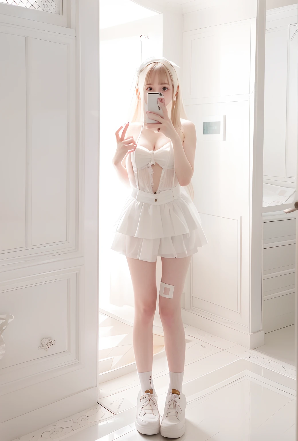 There is a woman taking a selfie wearing white,  in dress, pale milky white porcelain skin, Anime girl in real life, pale snow-white skin, white skirt and barechest, intriguing outfit, pale porcelain white skin, wearing white skirt, cutecore, very sexy outfit, extremely pale, Guviz, wearing white clothes, wearing a corset