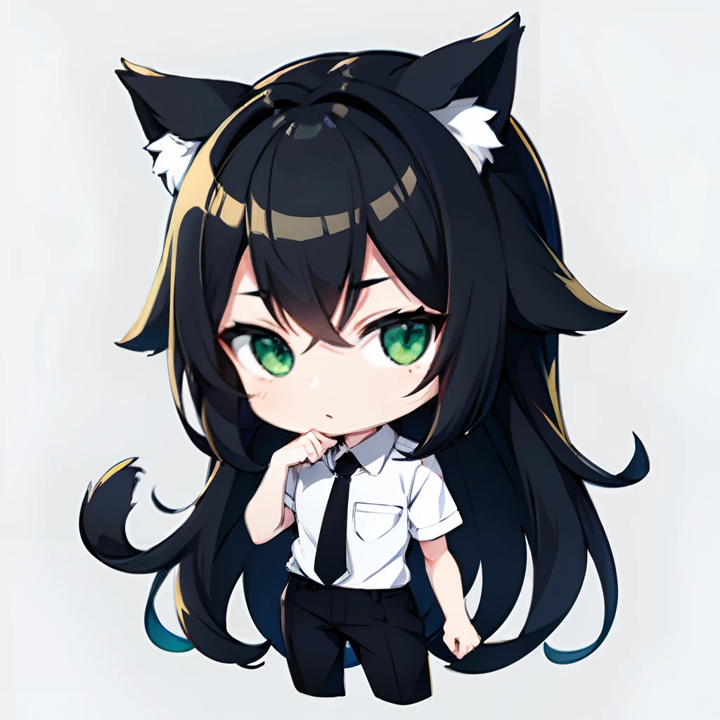 black hair, White Skin Skin, Green eyes, cat ears, chibi, grimalkin, Oval eyes . tied shirt, Official pants, hairlong