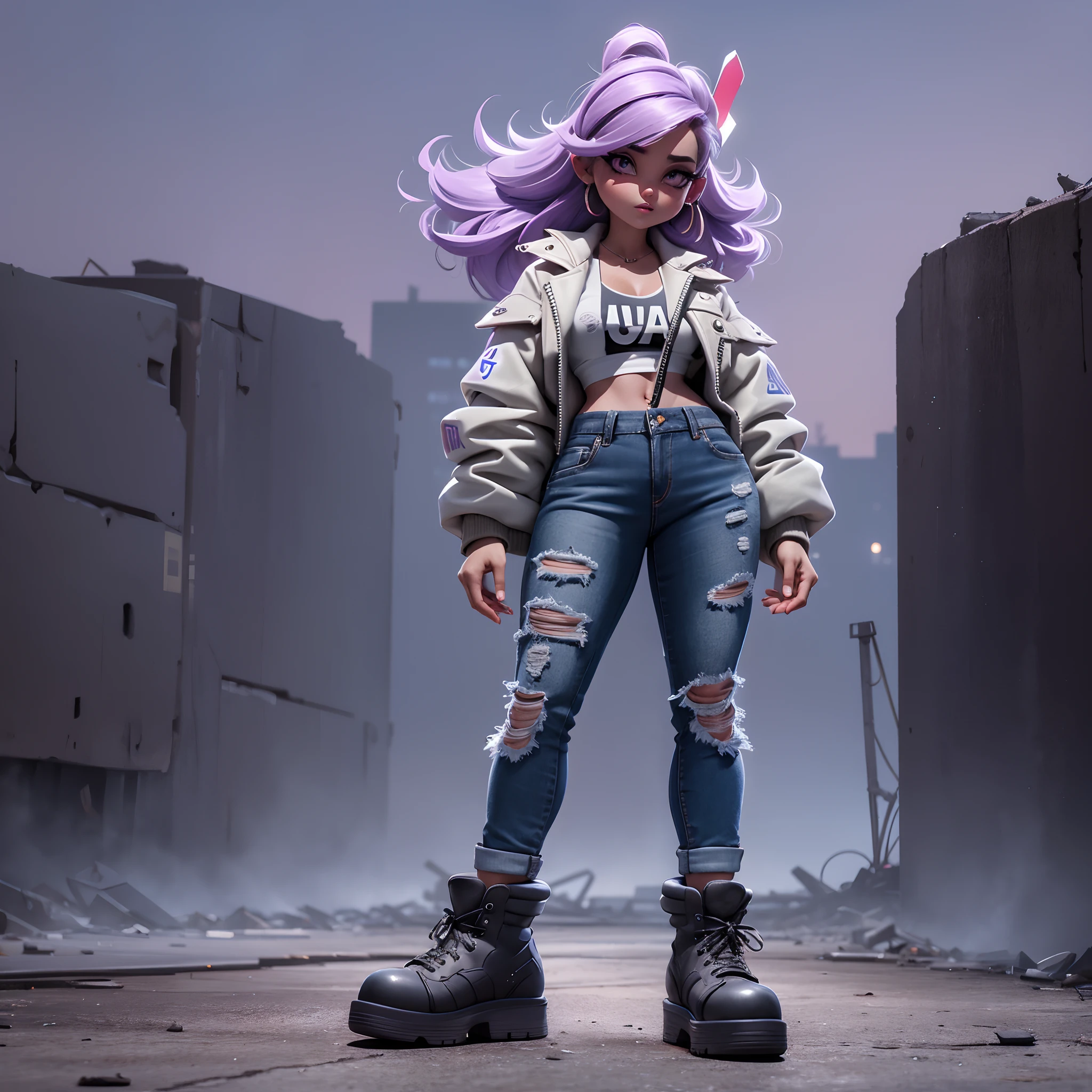 Mabel, a lutadora de rua, lilac hair, corpo atletico, jaqueta de couro preta, Tampo tanque preto, ripped jeans, Botas pretas, on an apocalyptic roof, corpo inteiro, 1:1 ratio, 3D animation, ultra detalhado, Highlight lighting , Qualidade de imagem superior. –ar 1:1 –s 1000 –q 5