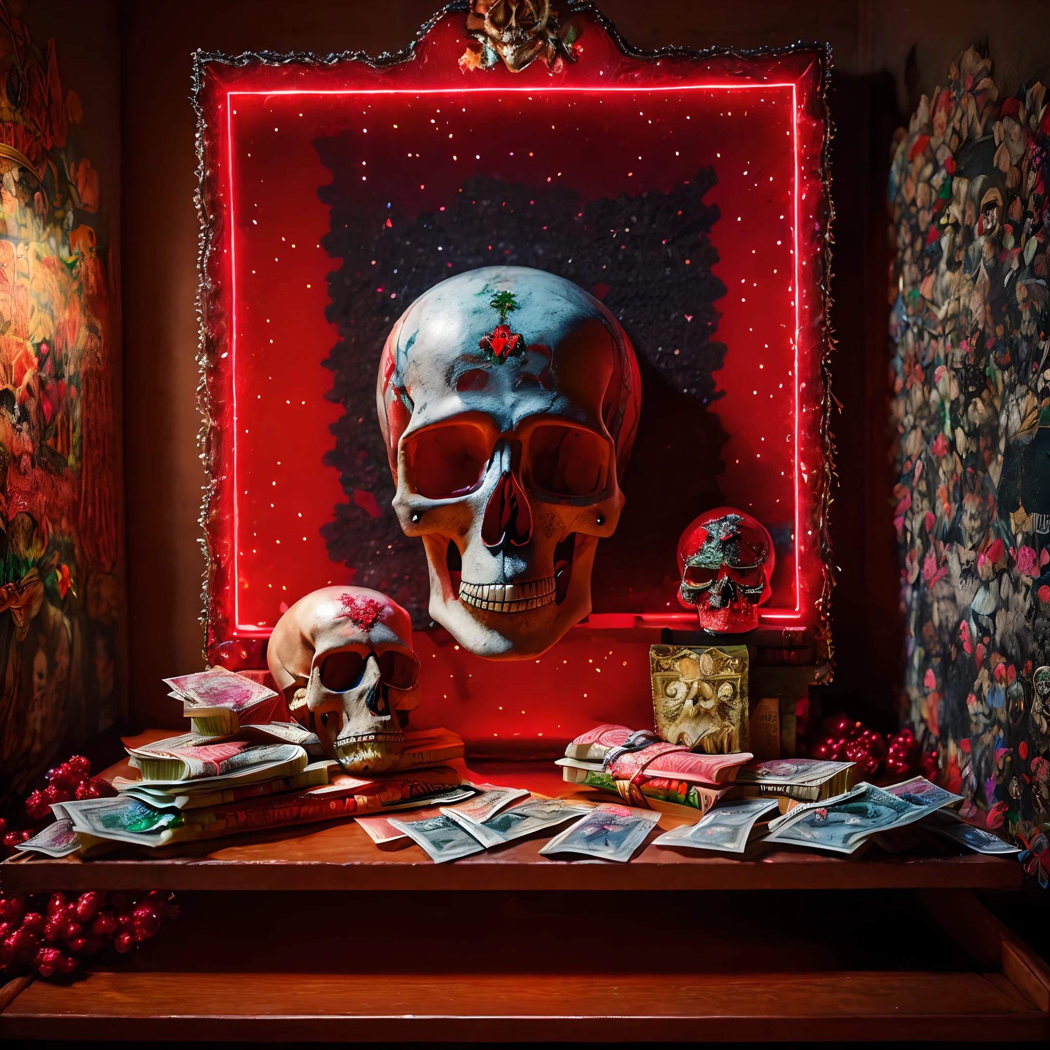 Altar de la Santa Muerte en un buro con muchos billetes como ofrenda, The environment is a house of a typical Mexican neighborhood of a rural urban area, Various red daytime running lights neon sign in the shape of skull dust particles, veladoras, profesional photography, con desenfoque de fondo.