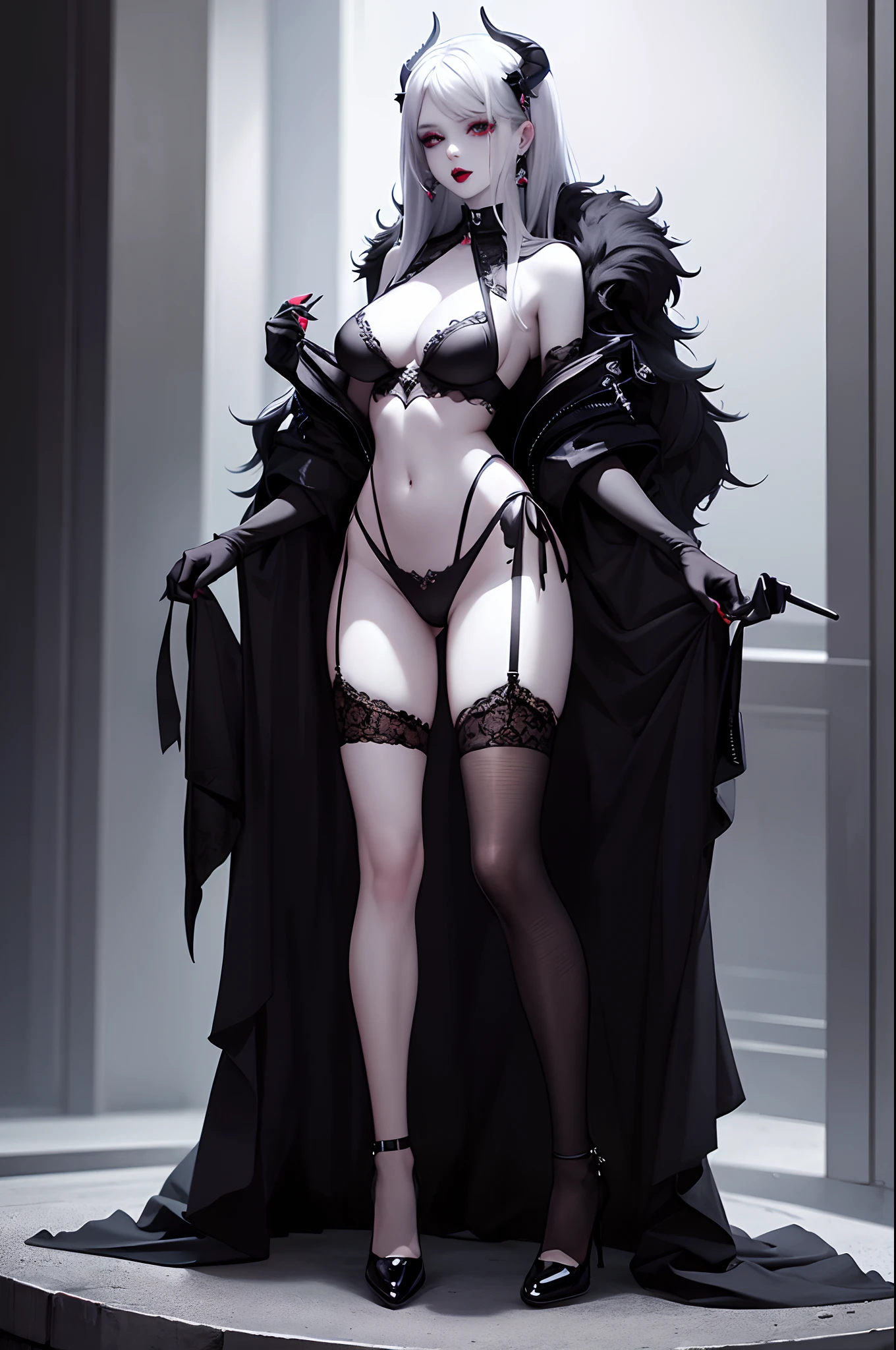 best quality, masterpiece, pale skin, lipstick, black lipstick, beautiful demon girl, cuerpo completo, (((full body))),